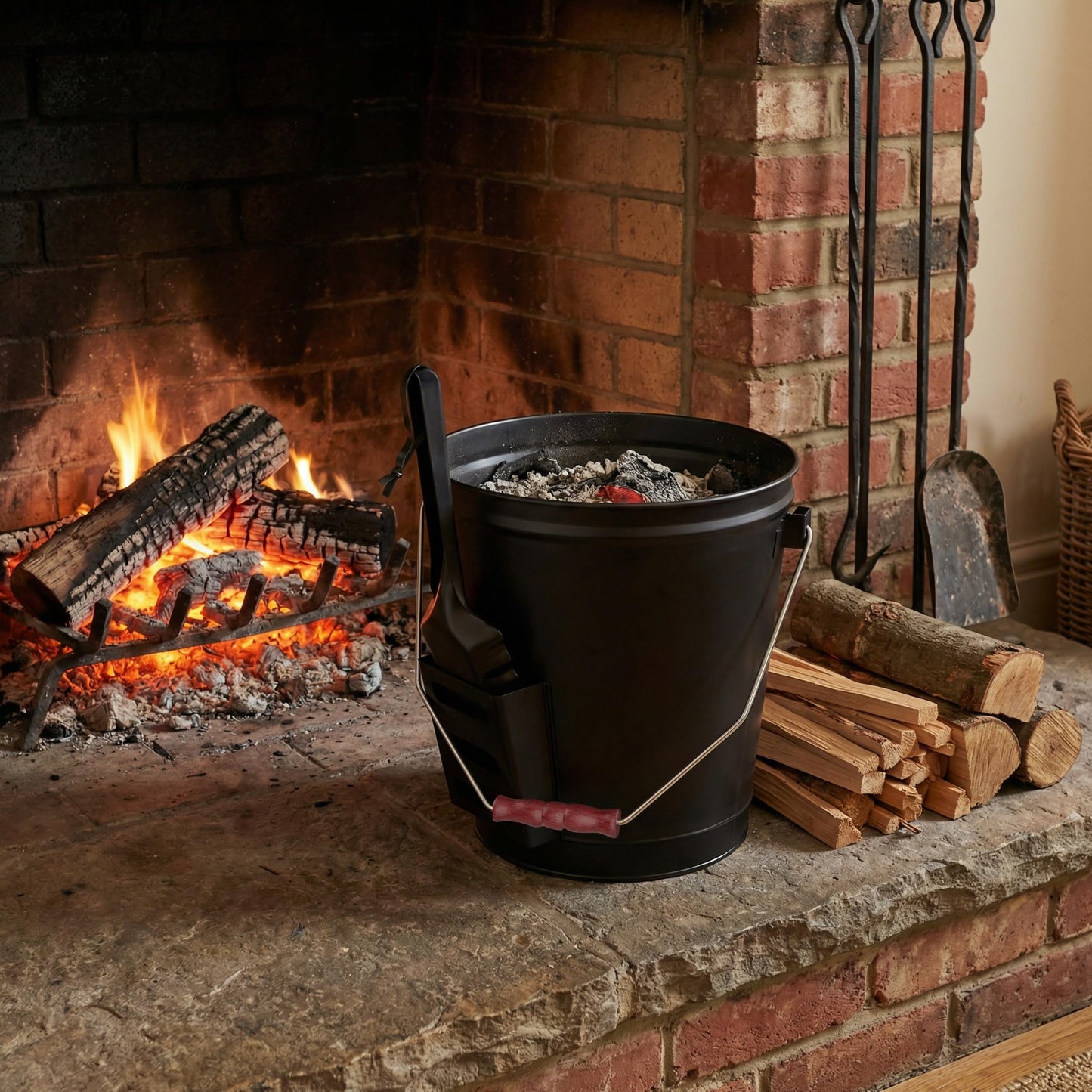 Ash Bucket - 4.75-Gallon Metal Bucket with Lid and Shovel for Fireplace or Firepit Ashes - Heat Resistant Fireplace Tools by Pure Garden (Black)