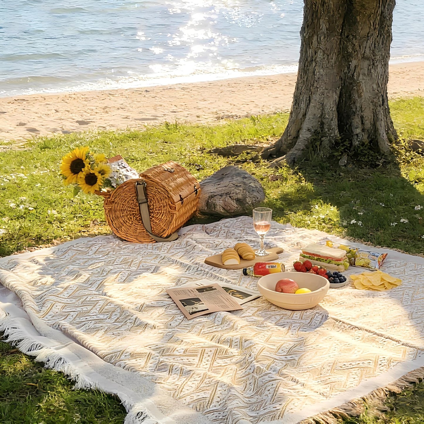 Outdoor Picnic Blanket Sandproof - Portable Lightweight T-Grid Picnic Mat for Beach, Camping, Park, Lawn, Concert & Wedding Photoshoot Indoor Bohemian Decor Machine Washable 70.9 x 102 Inches