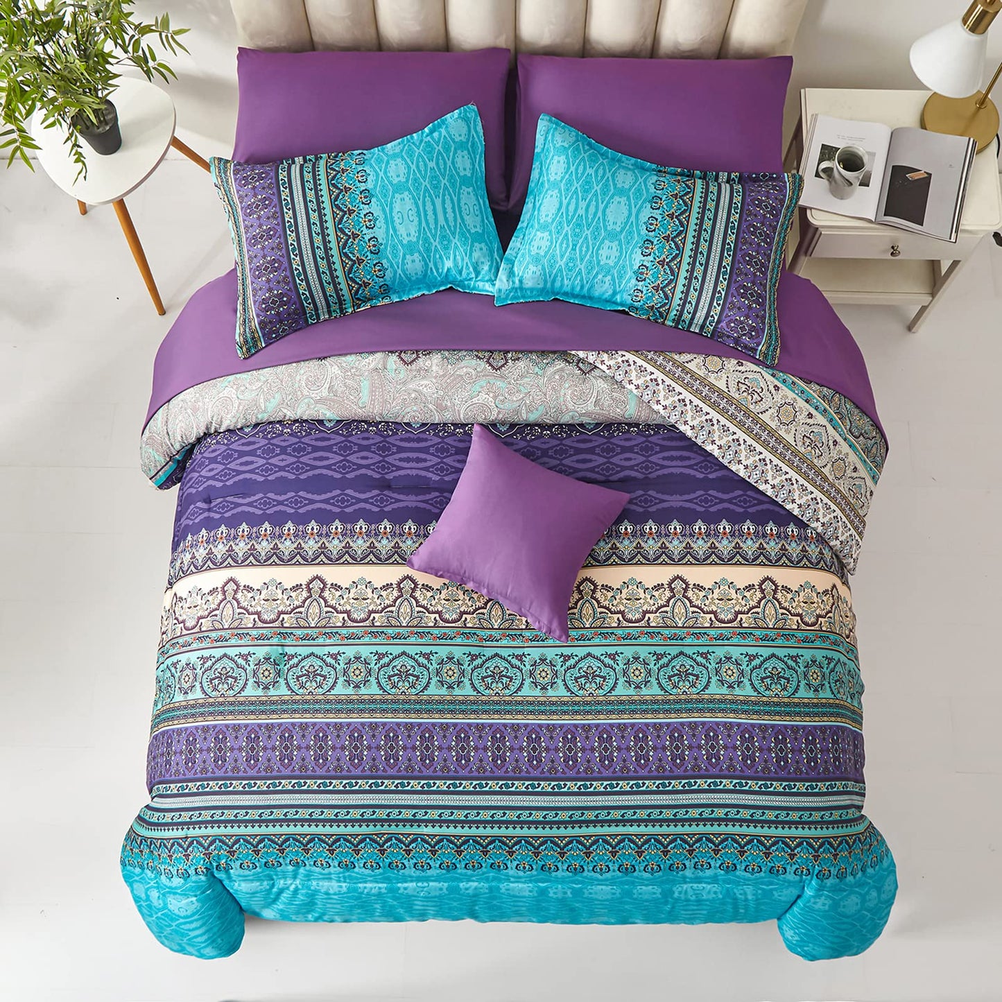 Cottolester Boho Comforter Set Queen Size 8 Piece Bed in a Bag Bohemian Striped Bedding Quilt Set Aqua Paisley Floral Comforter and Sheet Set,Soft Microfiber Complete Bedding Sets for All Season