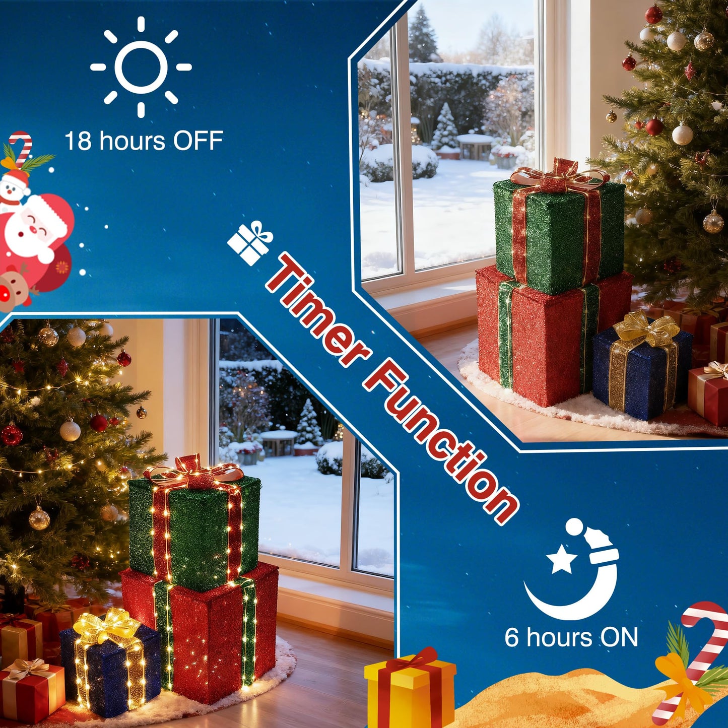 Lomotech Set of 3 Christmas Lighted Gift Boxes - Prel-Lit Gift Boxes with Timer, Lighted Christmas Presents for Xmas Tree, Yard, Holiday, Indoor Christmas Decorations（Small)