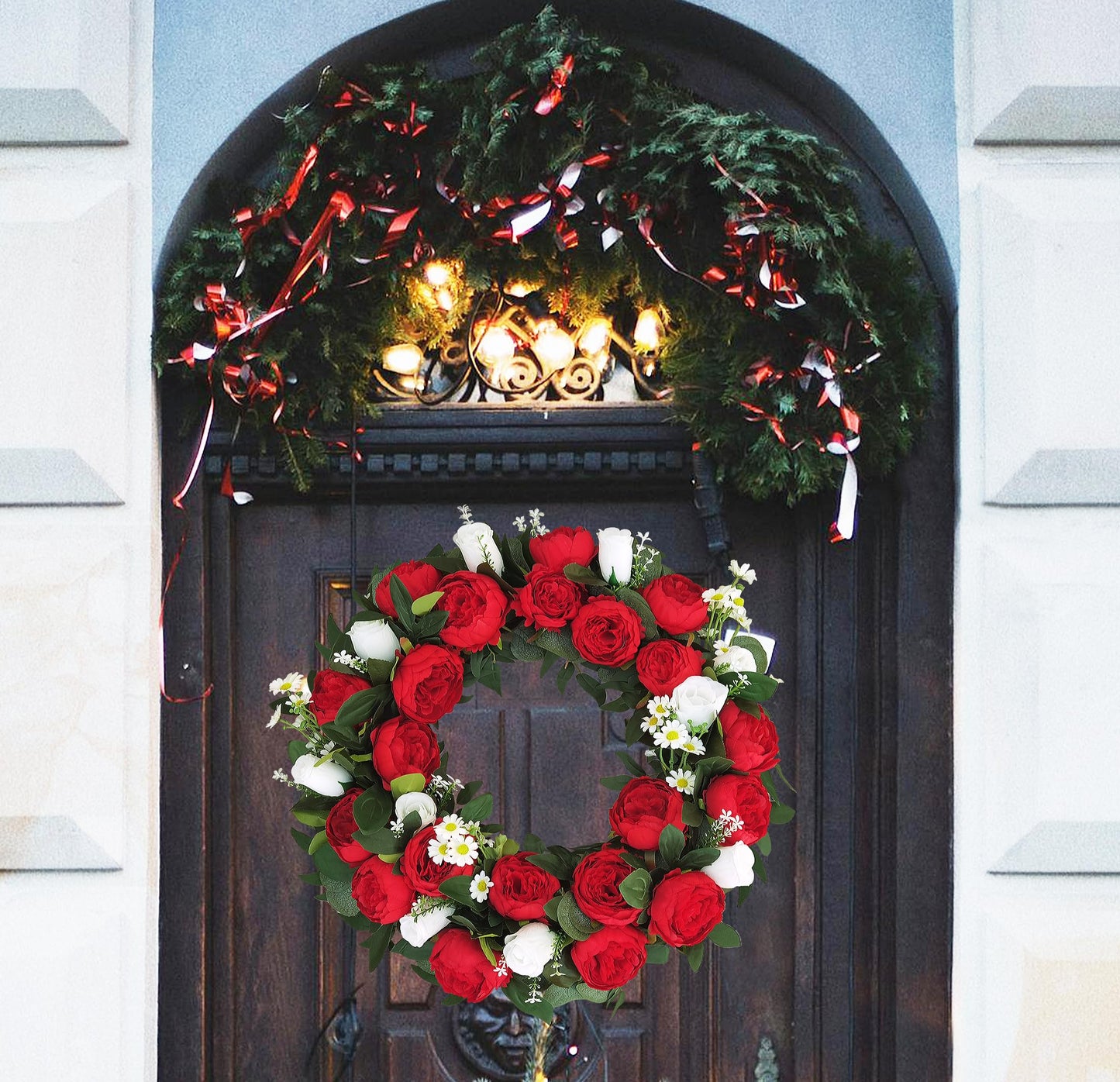 AILVEMEE Cemetery Wreaths for Graves,Christmas Wreath for Cemetery,Memorial Day Grave Wreath,Headstone Wreaths on Metal Stand,Spring Artificial Flower Wreath:Red Peony,White Rose