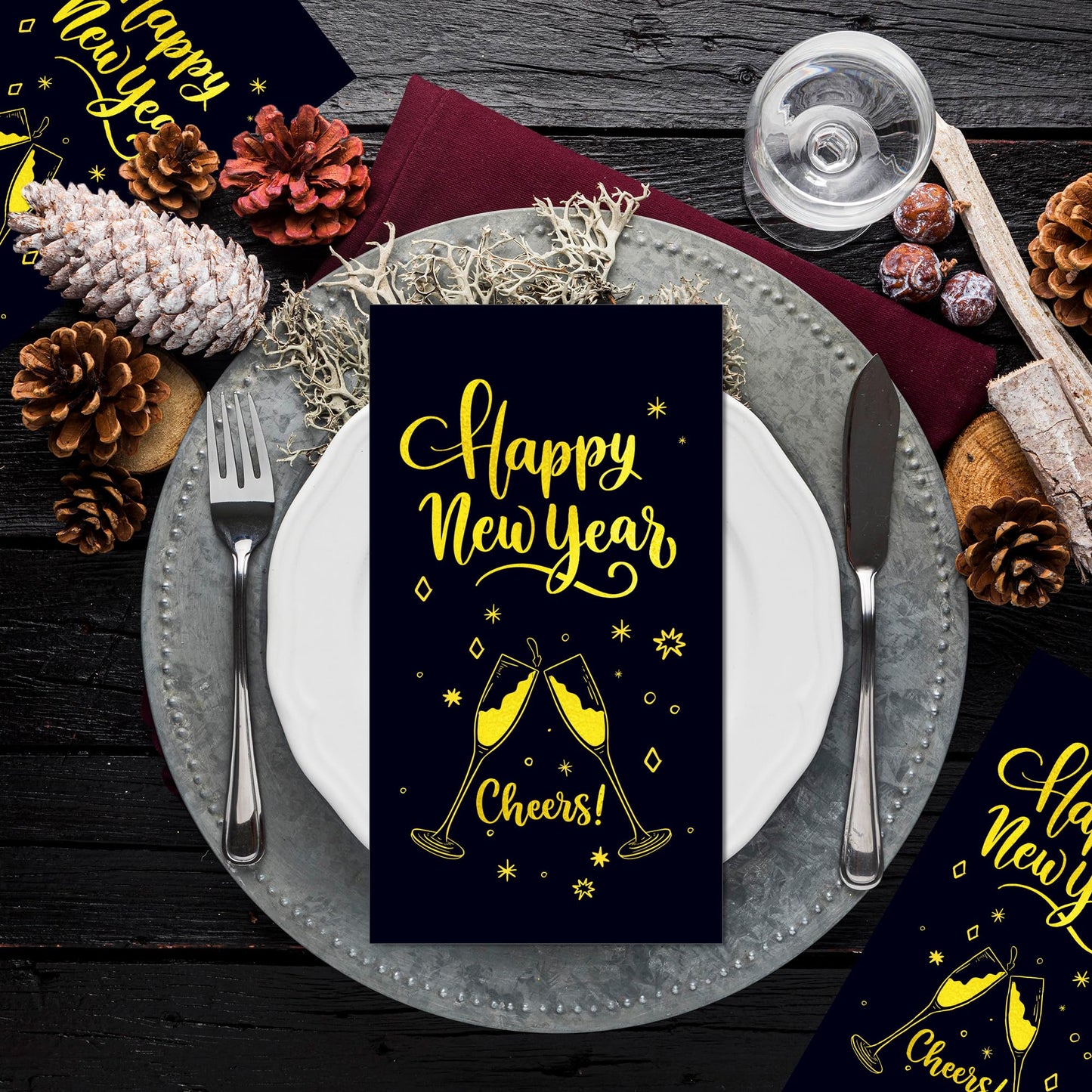 100 Pcs Happy New Year's Paper Napkins Disposable Party Napkins - Black and Gold Festive Design with "Happy New Year's" Wishes, 8x4.5 Inches for Xmas Winter Holiday Celebrations, New Years Eve Parties