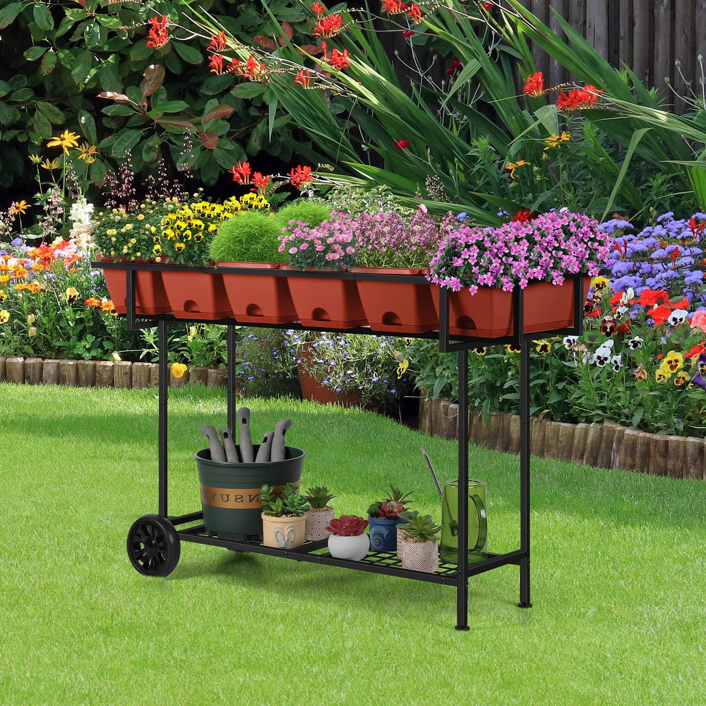 Vrisa Elevated Raised Garden Bed Outdoor with Legs 43x17x29 in Plastic Standing Planter Box with Storage Shelf and Wheels Vegetables Herbs Flowers Gardening Boxes for Backyard, Patio, Balcony, Black