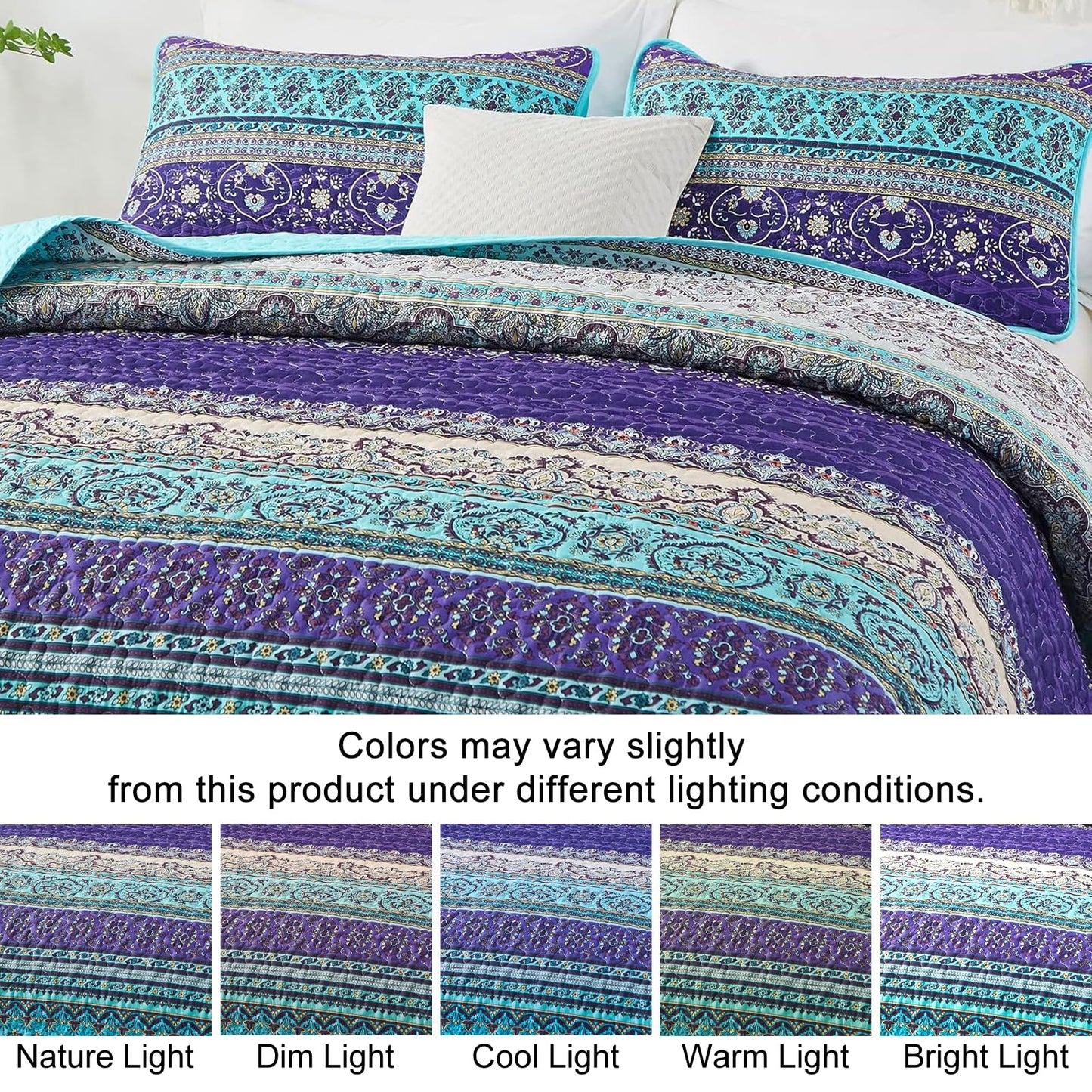 WONGS BEDDING Boho Queen Quilt Set, Blue Purple Bohemian Queen Quilt Bedding Set, Lightweight Microfiber Bed Decor Bedspread for All Season 96"x90"(3 Pieces)