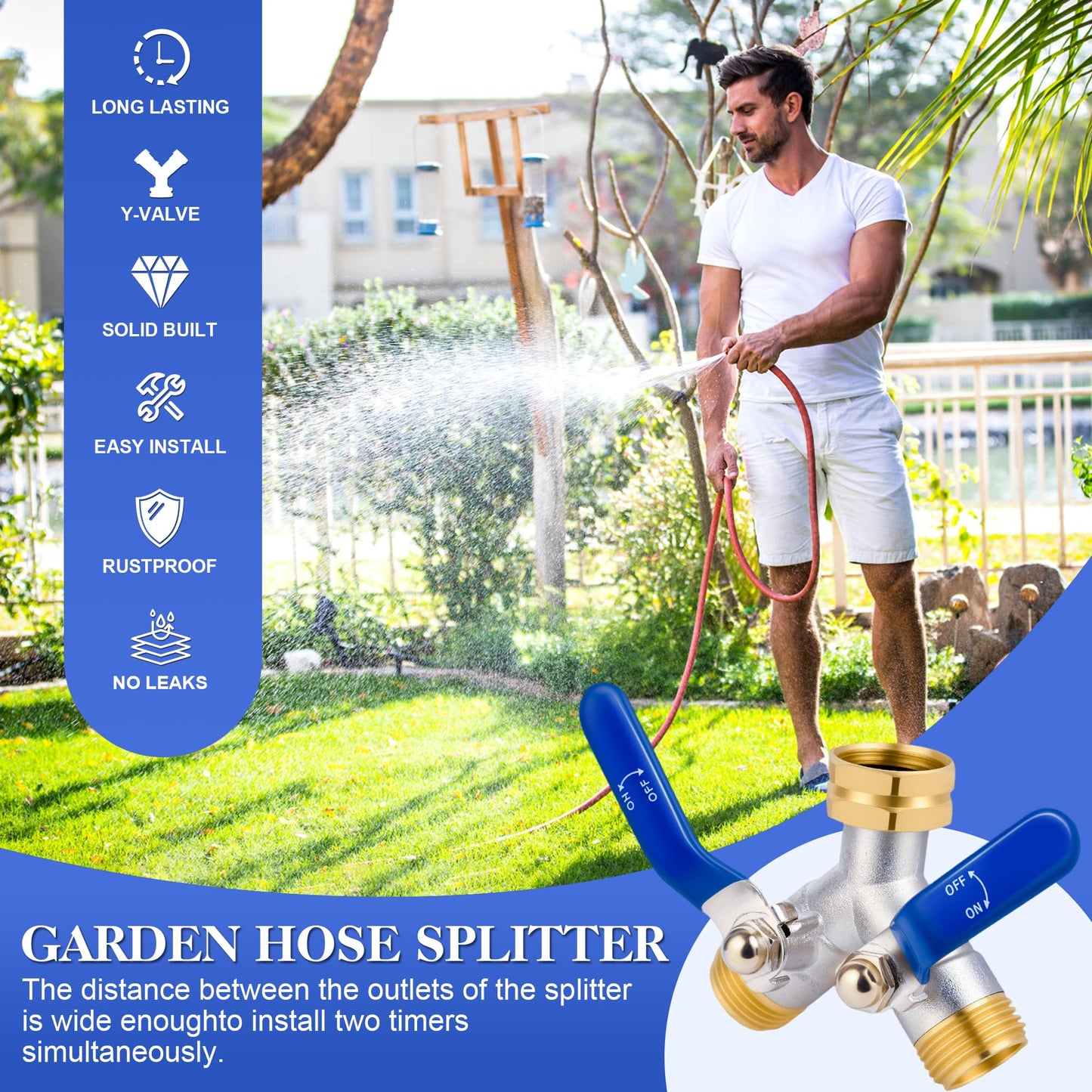 EJW Hose Splitter 2 Way, Garden Hose Splitters, Heavy Duty Faucet Splitter,Rv Brass Water Hose Y Splitter, Double Hose Connector, Spigot Splitter, Two Way Hose Manifold Valve 3/4 Inch GHT Thread.