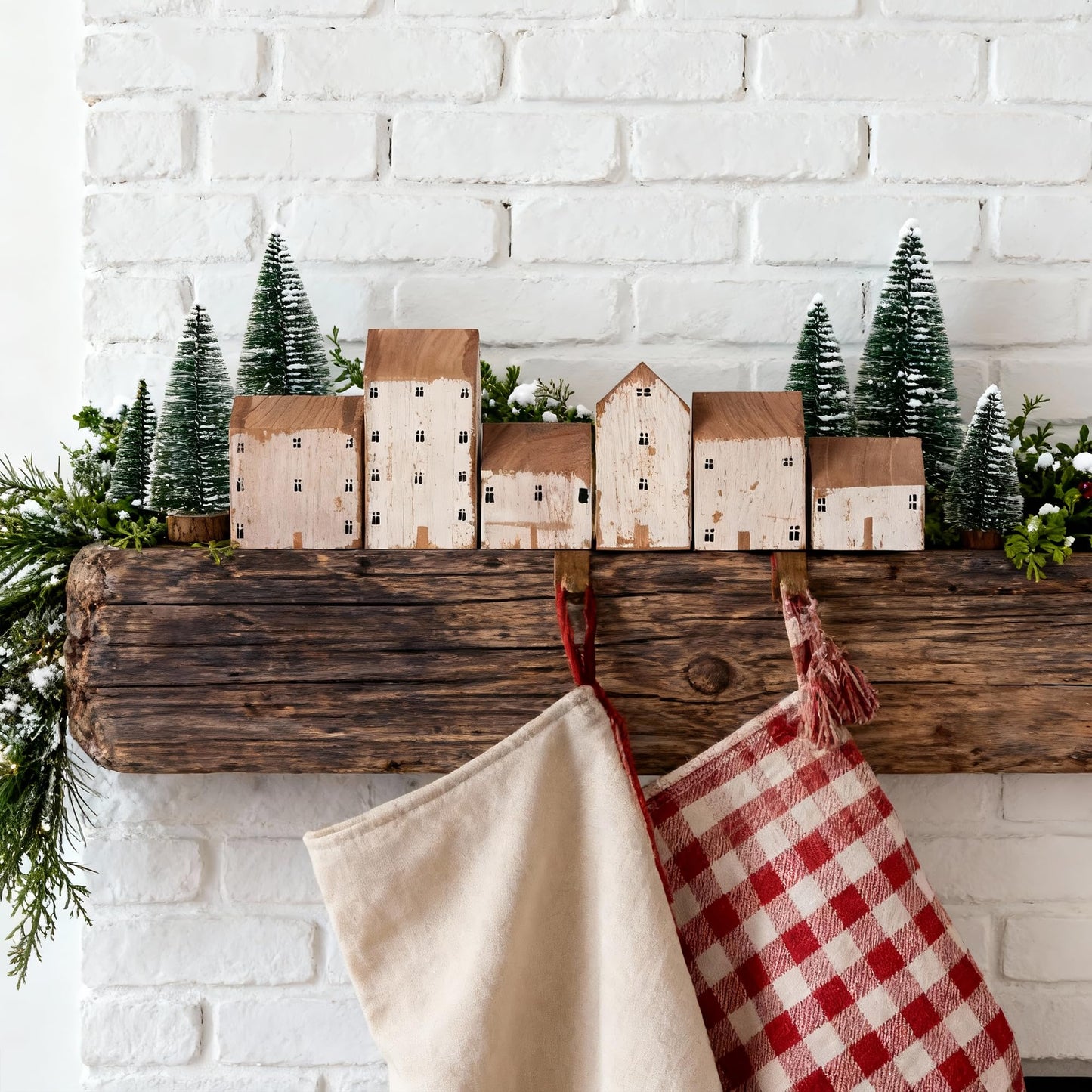 Mokof 12 Pcs Christmas Village Set - 6 Wooden Houses and 6 Snowy Trees, Farmhouse Christmas Decorations Indoor for Tabletop, Mantel, Shelves Holiday Decor (2.8" to 5.5" Tall)