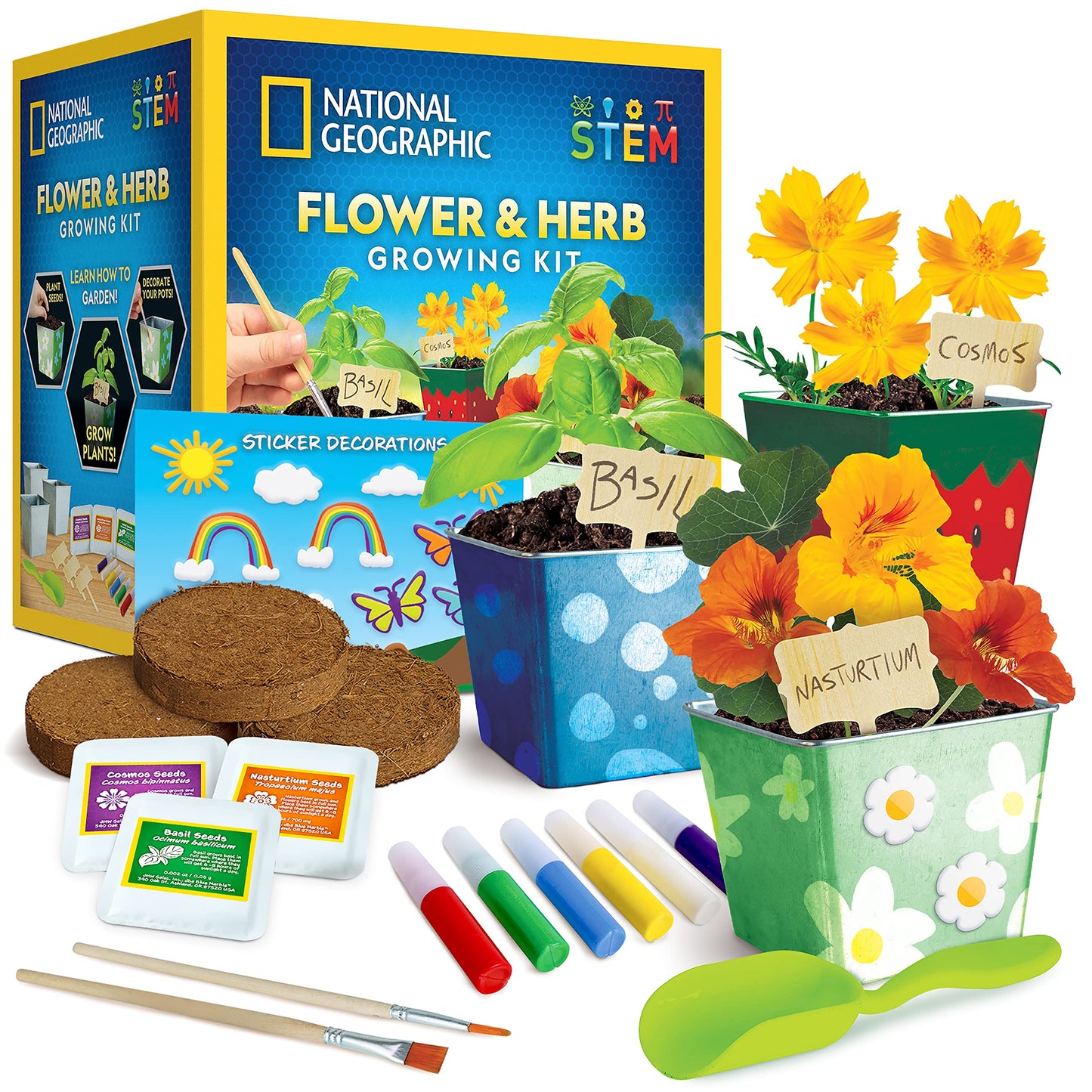 National Geographic Flower & Herb Gardening Kit for Kids - Kids Gardening Set with 3 Stainless Steel Pots, Paint & Stickers, Outdoor Toys, Craft Kits, Plant Growing Kit, Easter Basket Stuffers