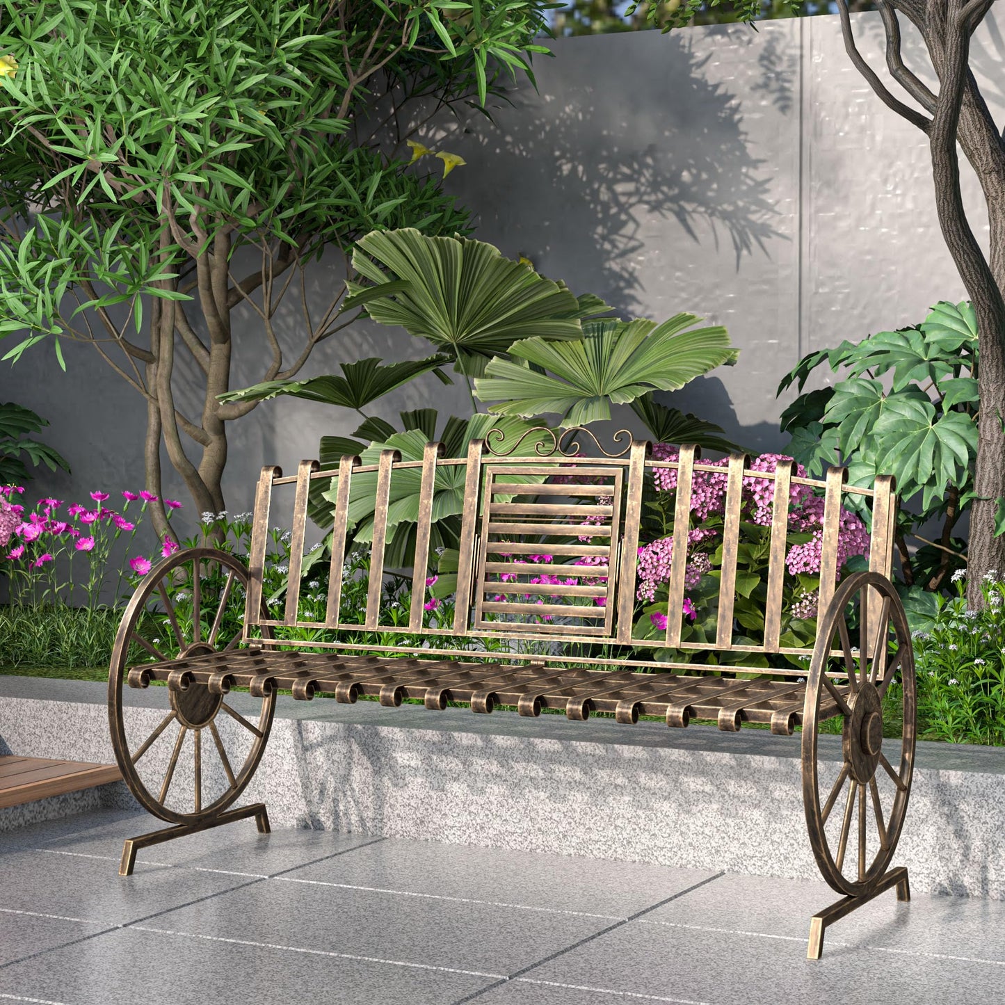 Boweniog Outdoor Bench Patio Outdoor Garden Bench with Built-in Table, Wagon Wheel Arms, 3 People Outdoor Bench Garden Bench Front Porch Furniture Patio Lawn Yard Park (Bronze)