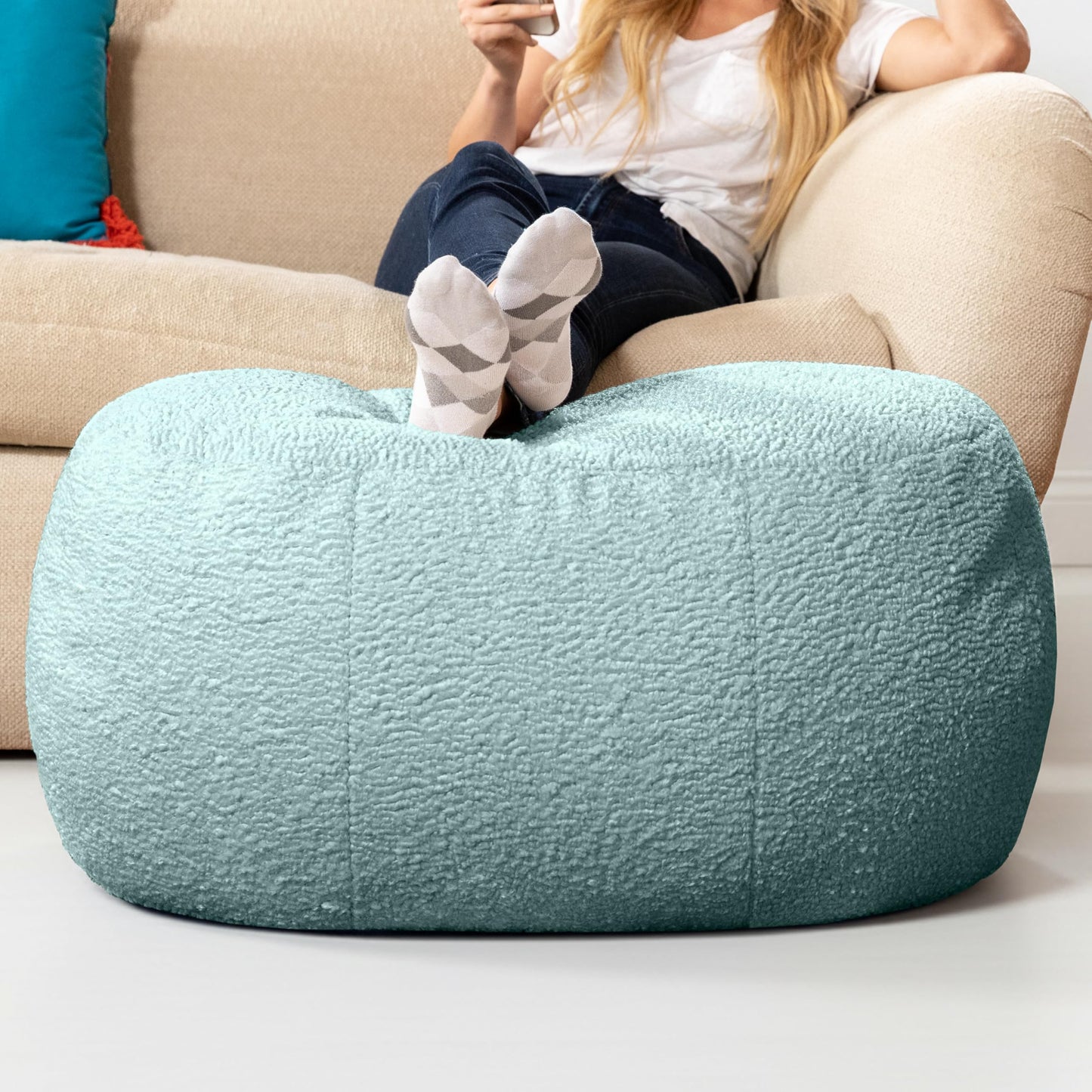 Jaxx Ellis Ottoman Shearling Faux-Lamb Plush Pouf for Modern Interior Design, Oval, Mineral Green