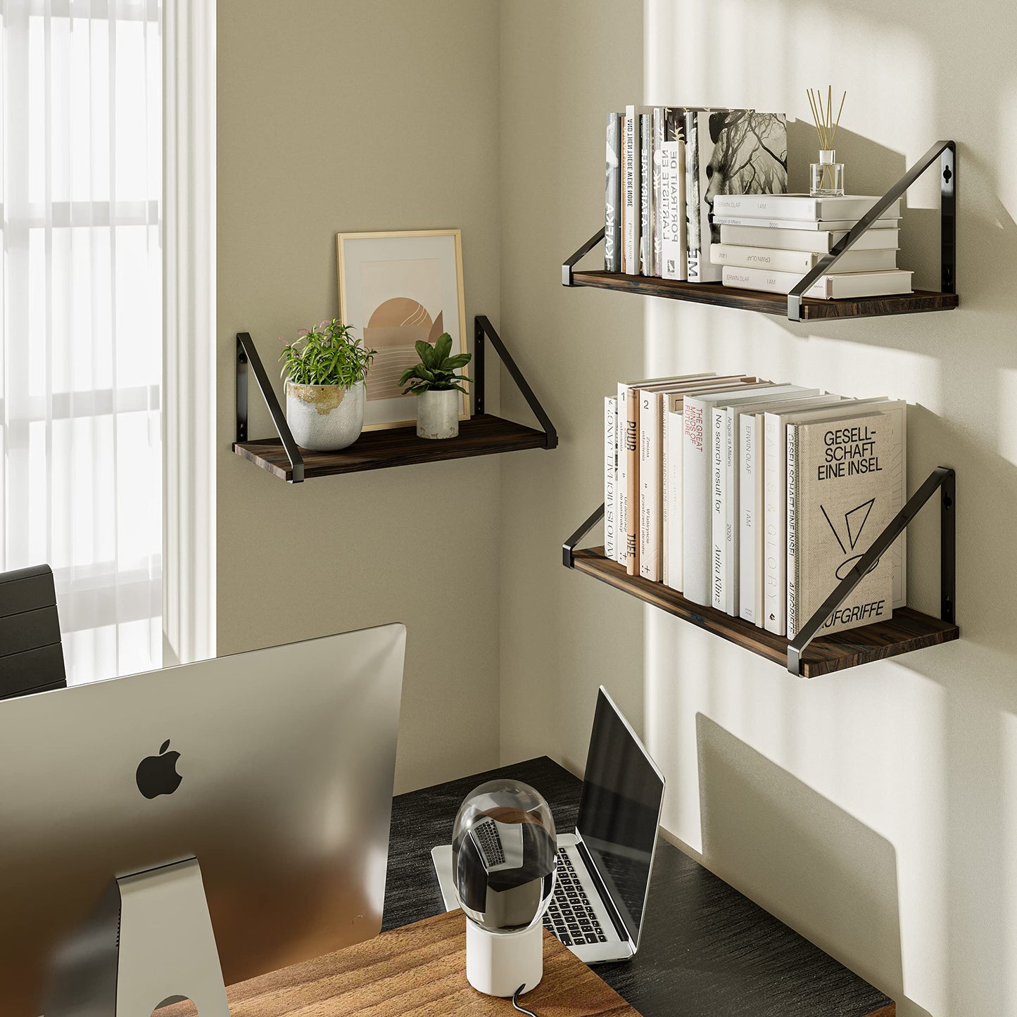 BAMEOS Floating Shelves Rustic Wood Wall Shelf, Small Bookshelf for Living Room, Office, Bedroom, with Metal Bracket