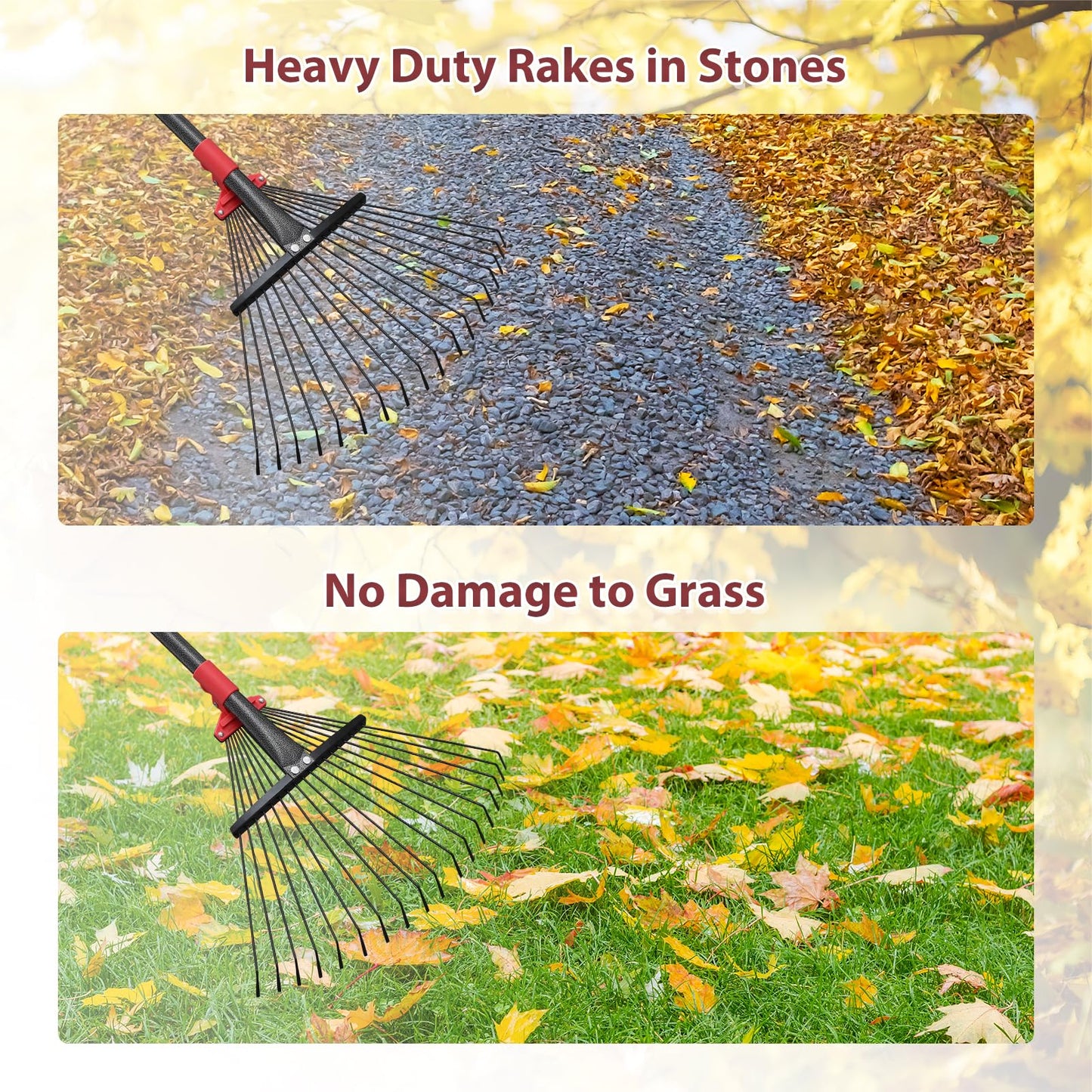 76Inch Adjustable Metal Leaf Rake, 18 Metal Tines Heavy Duty Leaves Rake for Lawns with 8-18" Expandable Head Long Handle Garden Rakes for Women Kids Leaves Yard Gardening Grass Outdoor Camping Debris