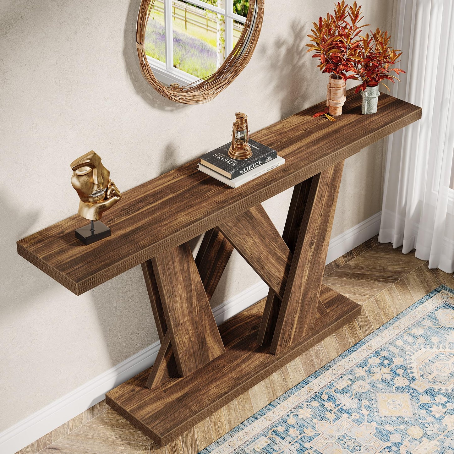Tribesigns 55-Inch Farmhouse Console Table, Farmhouse Behind The Couch Table TV Stand with Geometric Base, Skinny Sofa Table Entryway Table for Entrance, Living Room, Hallway, Foyer, Rustic Brown