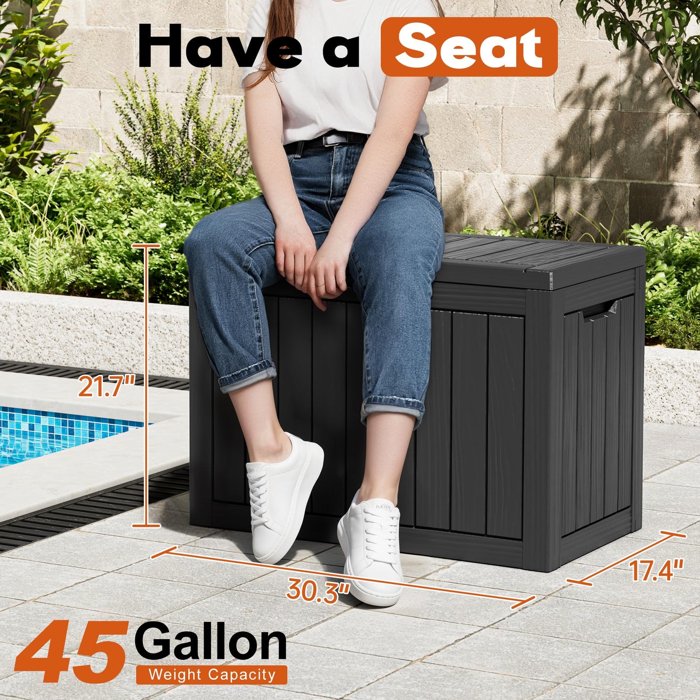 NBYSGO Outdoor Storage Box, Resin Deck Boxes Indoor and outdoor, Waterproof Storage Box Lockable Lid (Black, 45 Gallon)