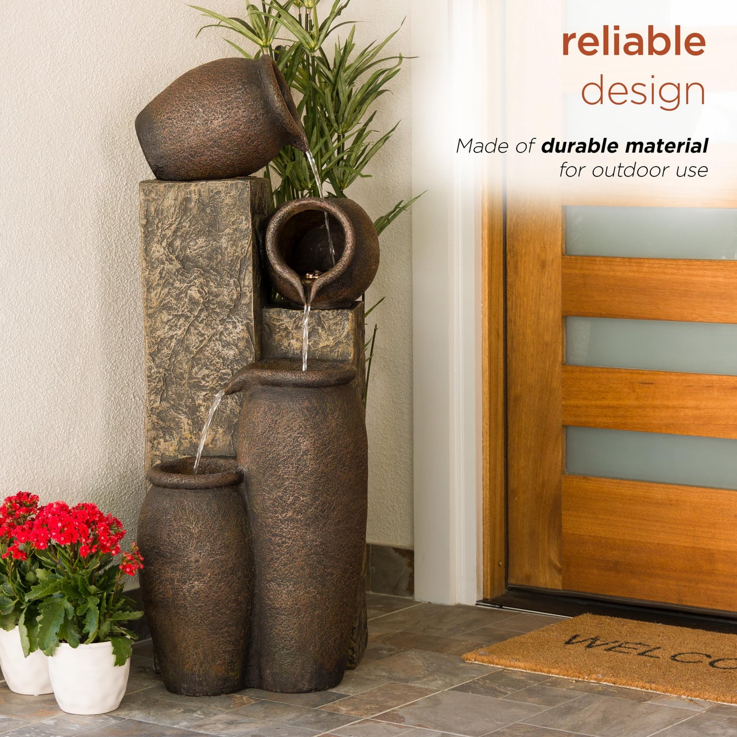 Alpine Corporation GIL140 43" Tall Indoor Outdoor Pottery Fountain with Replaceable LED Lights, Water Feature for Garden, Patio, and Home Decor, Brown
