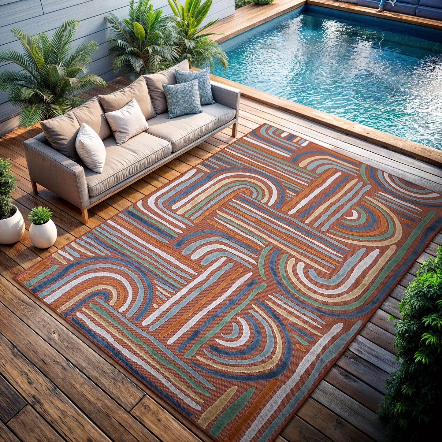 CAMILSON Indoor Outdoor Rug, Orange 8x10 Geometric Arch Striped Area Rugs for Patio and Home Areas, Easy-Cleaning Non-Shedding Living Room, Garden and Deck Washable Outside Carpet (8 x 10)