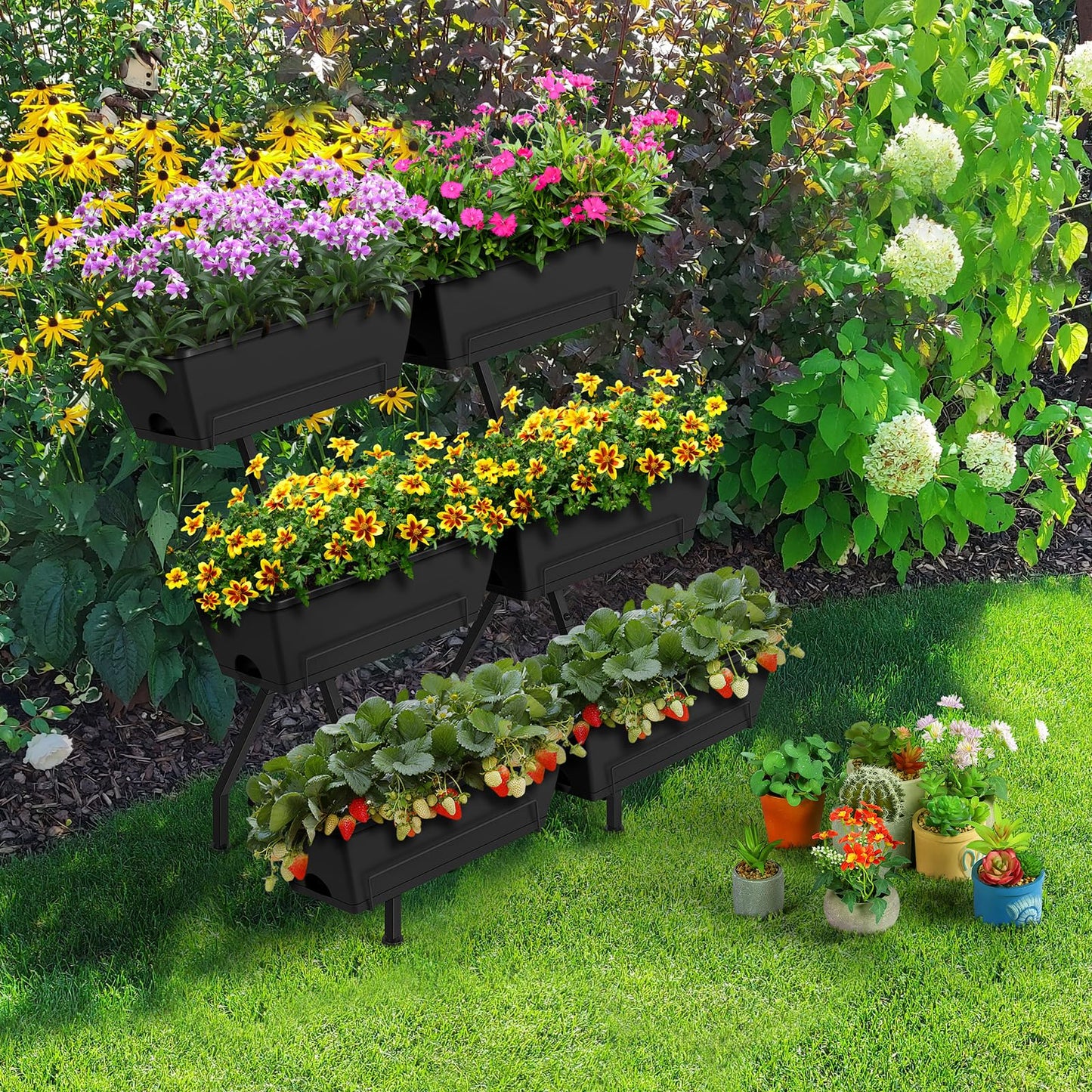 Raised Garden Beds Outdoor with 6 Garden Planter Boxes Freestanding Vertical Raised Bed for Gardening with Legs, Elevated Herb Garden Planter with Water Drainage for Patio, Balcony, Backyard, Black