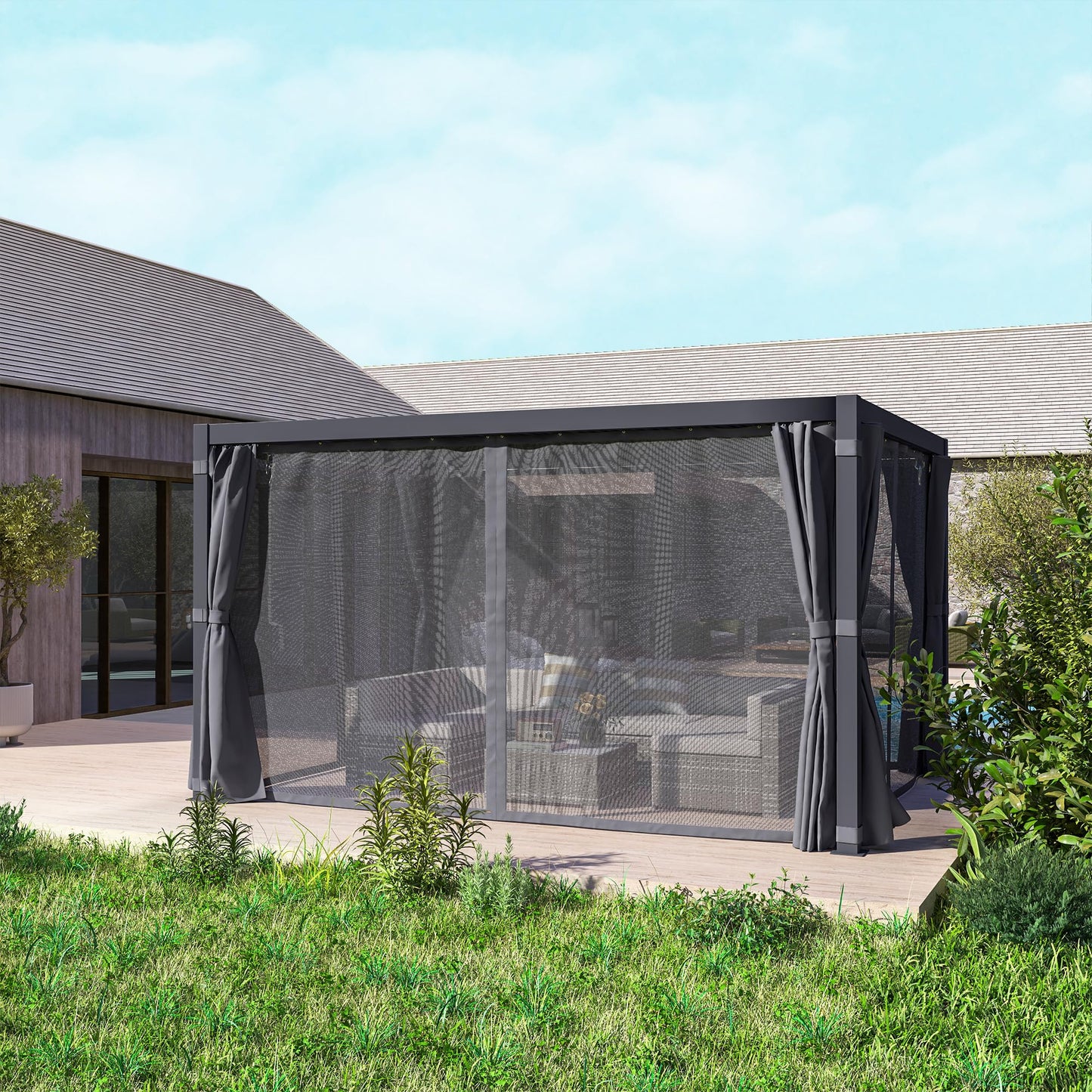 Outsunny 10 x 13 ft. Louvered Pergola Hardtop Gazebo with Adjustable Aluminum Roof and Frame, Outdoor Pergola with Curtains and Netting, for Garden, Lawn, Backyard, and Deck, Dark Gray