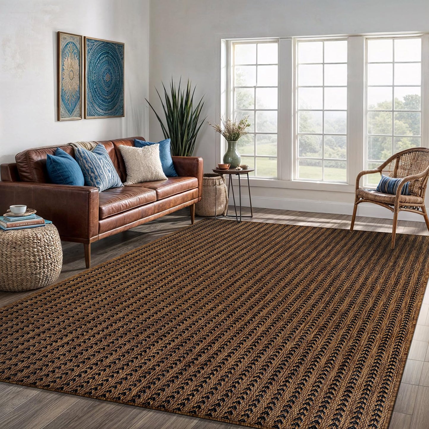 Washable Outdoor Rug 5x7 Modern Area Rugs Outdoor Carpets Striped Pattern Non Shedding Waterproof Easy Clean Patio Deck Porch Living Room Bedroom Garden RV (5 X 7 Gold)
