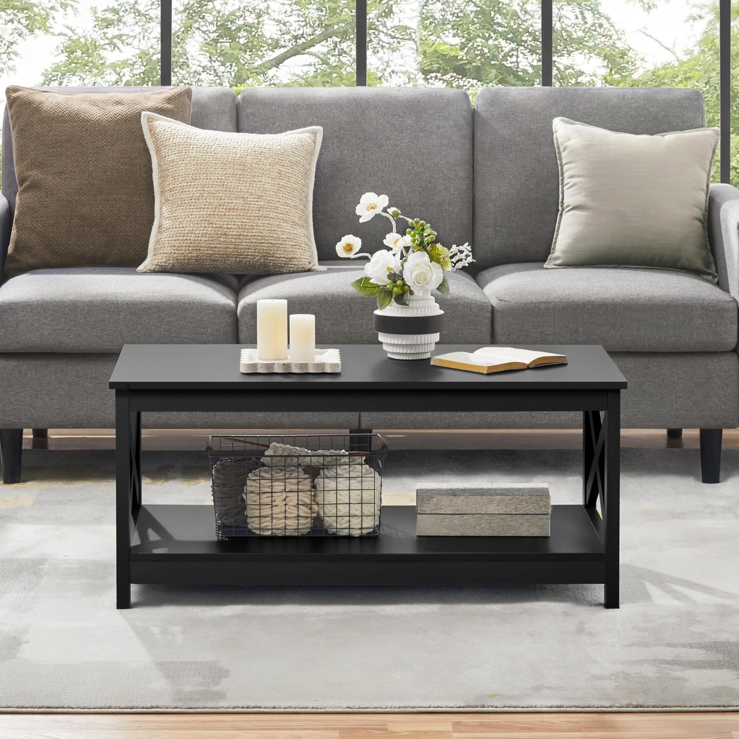 Yaheetech Wood 2-Tier Black Coffee Table with Storage Shelf for Living Room, X Design Accent Cocktail Table, Easy Assembly Home Furniture, 39.5 x 20 x 18 Inches