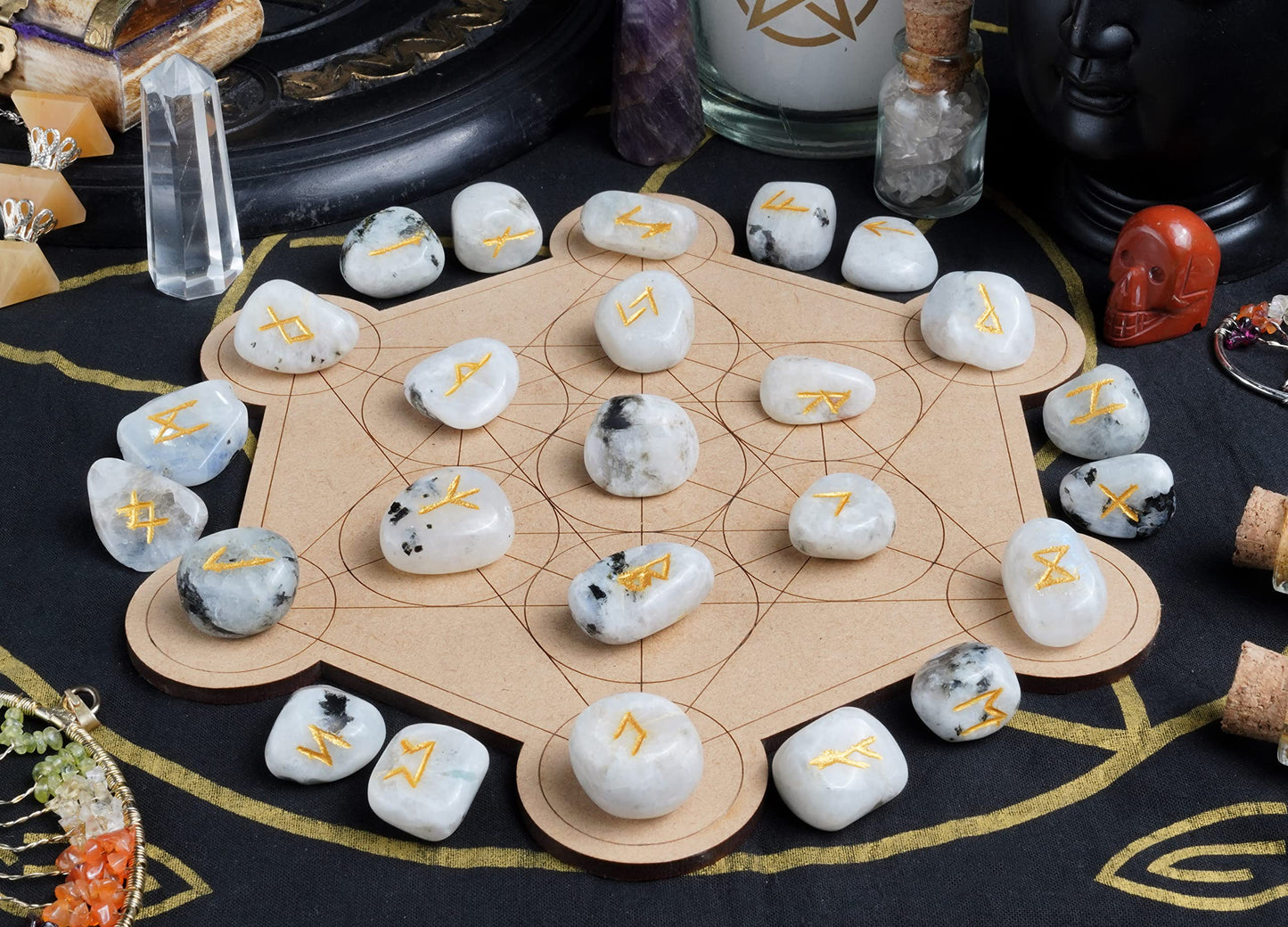 Crocon Rainbow Moonstone Rune Stones Sets 25 pcs for Beginners with Elder Futhark Alphabets for Healing Chakra Crystals Reiki feng Shui Gemstone Runes Set Size: 15-20 mm with a Pouch & Rune brochure