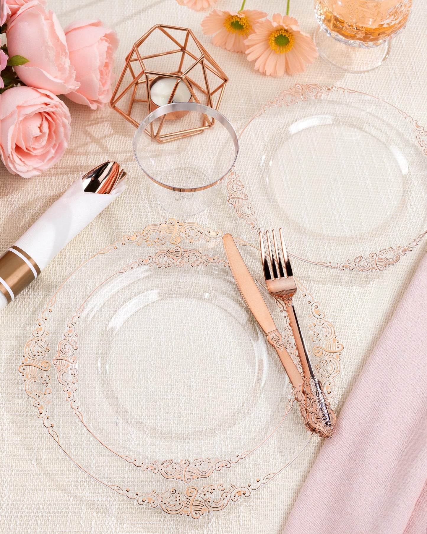 Nervure 175PCS Rose Gold Plastic Plates - Disposable Rose Gold Party Plates & Pre Rolled Napkins with Cutlery for 25 Guests, 50Plates, 75Silverware, 25Cups, 25Napkin for Wedding & Party & Mothers Day