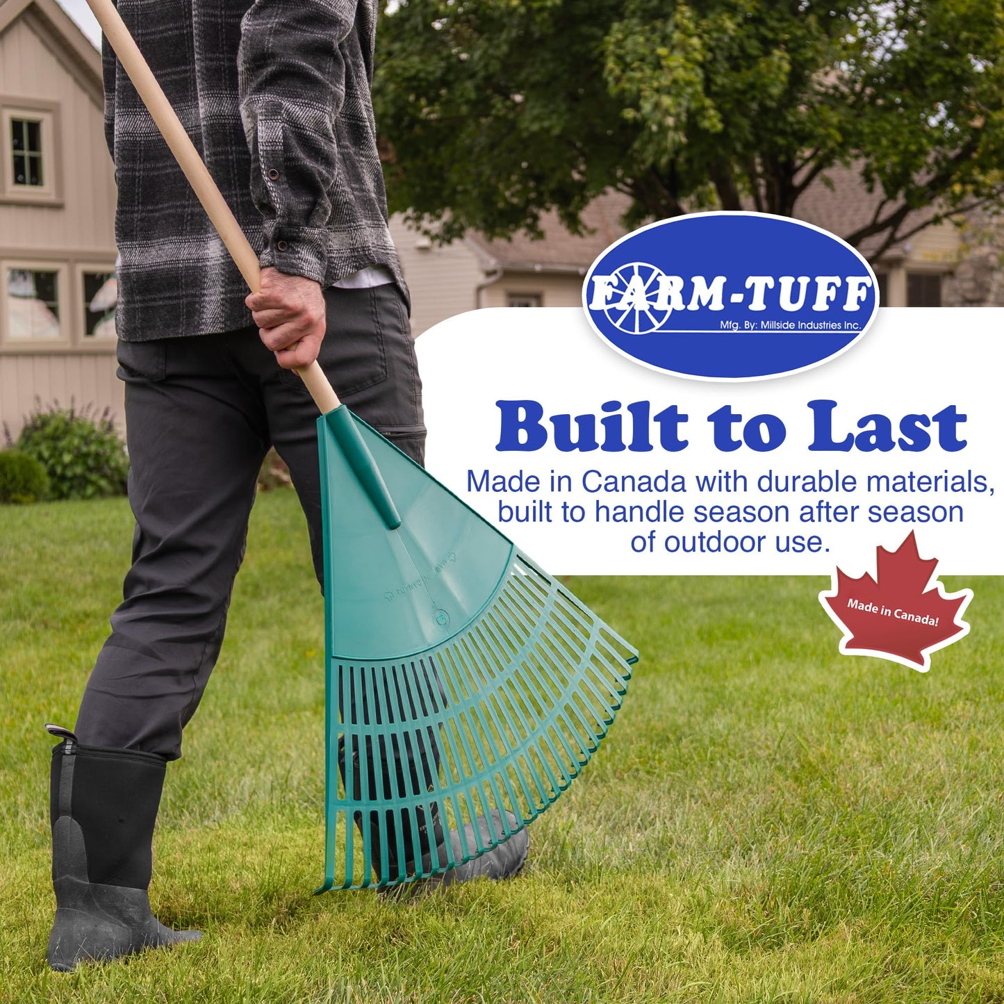 FARM-TUFF 24 Inch Leaf & Lawn Rake with 48 Inch Hardwood Handle - Extra-Wide, Durable Rake for Lawns, Gardens, and Yard Cleanup