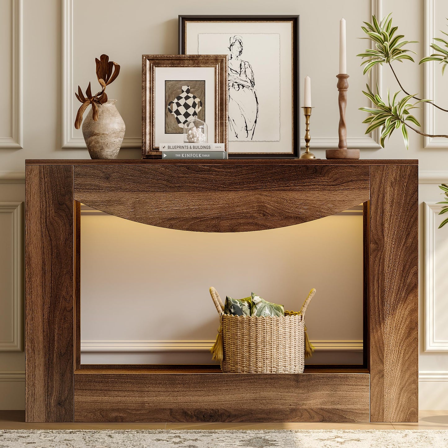 knoworld Farmhouse Console Table, 47 Inches Entryway Console Table with LED Light, Sofa Table Behind Couch, Wooden Accent Entryway Table for Living Room, Hallway