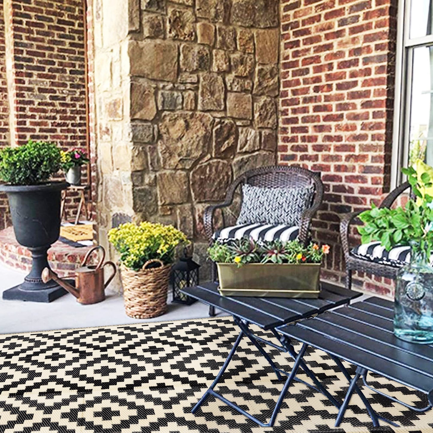 SAND MINE Waterproof Outdoor Rug 5x8 ft, Plastic Reversible Rug, Modern Area Rug, Large Floor Mat for Outdoors, RV, Patio, Backyard, Deck, Picnic, Beach, Camping, Black & Beige