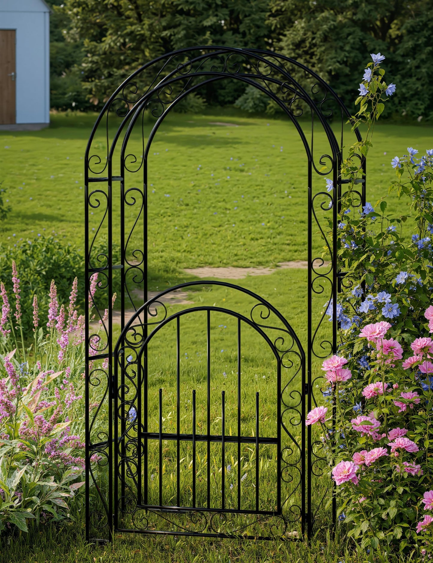 GarveeLife 7 FT Elegant Garden Arch with Gate - Romantic Steel Wedding Arbor for Climbing Roses & Vines, Decorative Metal Archway for Lawn, Patio or Backyard, Classic Black