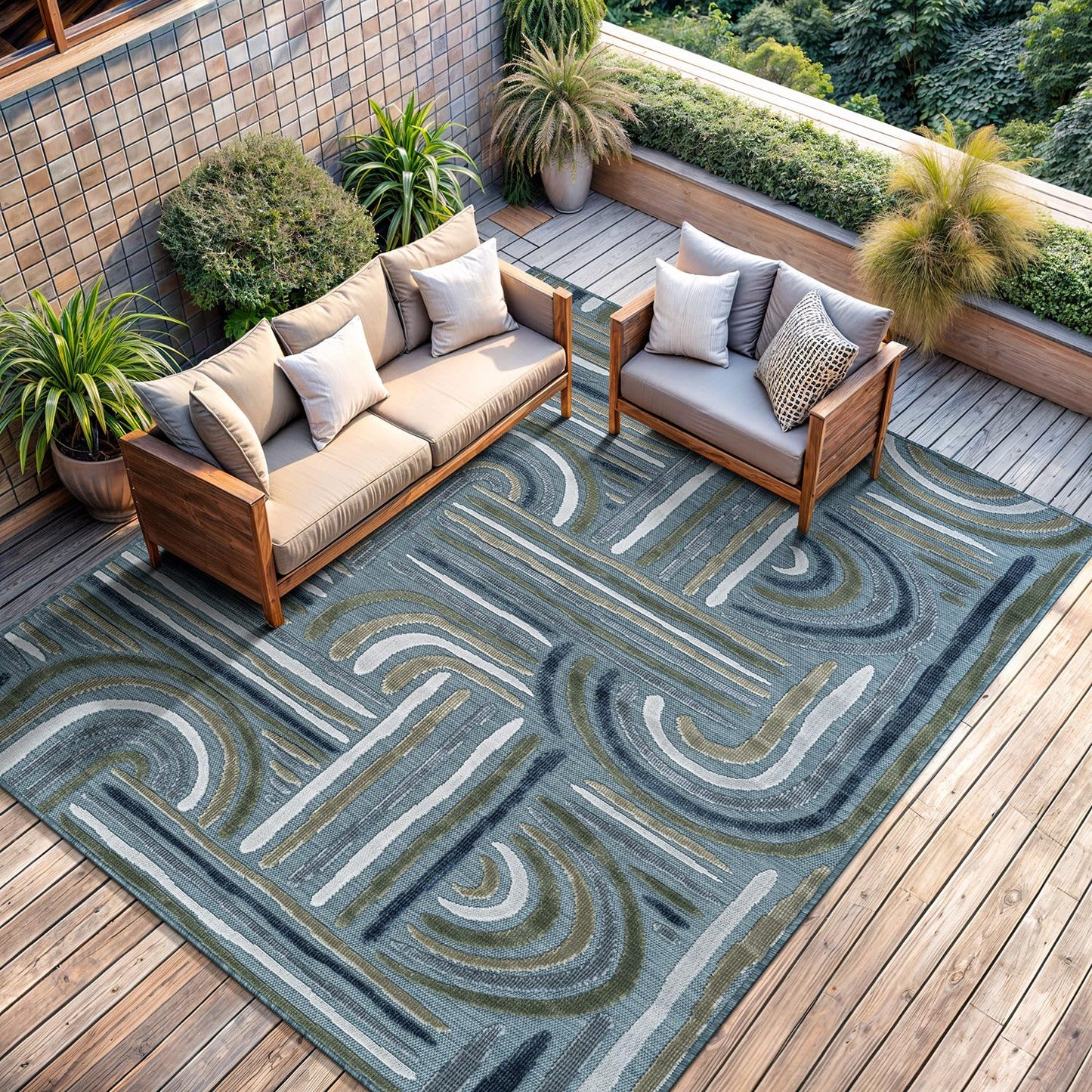 CAMILSON Indoor Outdoor Rug, Aqua 8x10 Geometric Arch Striped Area Rugs for Patio and Home Areas, Easy-Cleaning Non-Shedding Living Room, Garden and Deck Washable Outside Carpet (8 x 10)