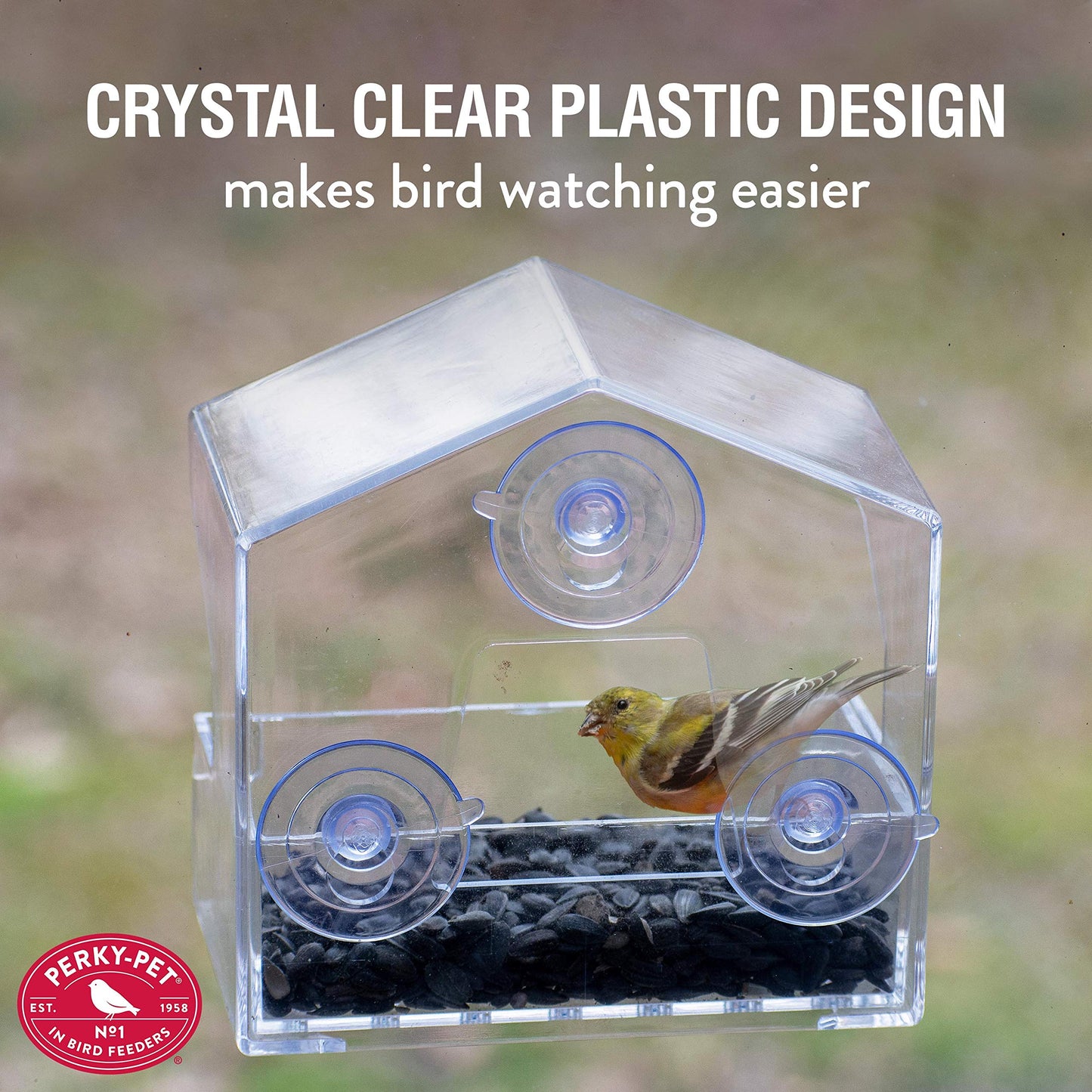 Perky-Pet Clear Outdoor Window Bird Feeder with Strong Suction Cups – 1/2 Lb Seed Capacity - Perky Pet 345 - Entertaining Bird Feeding - Watch Birds Eat Seeds
