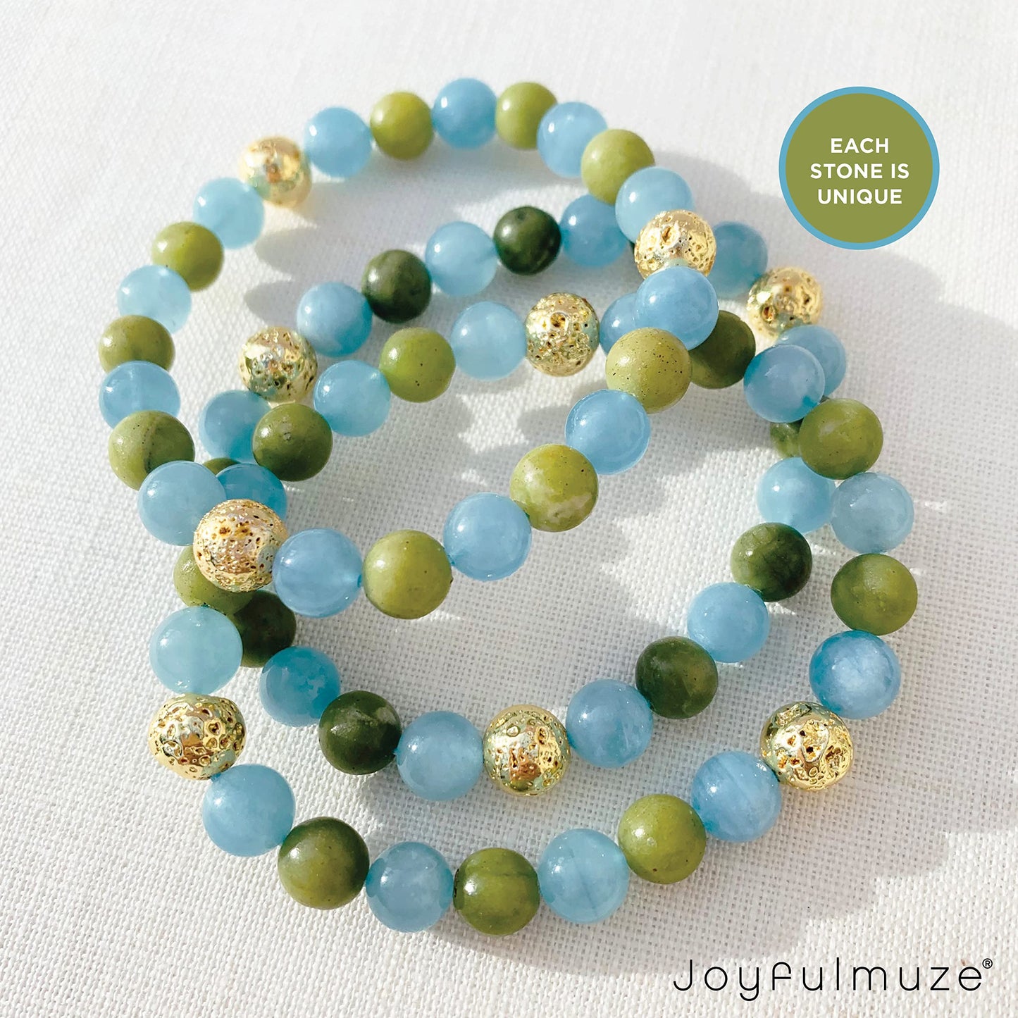 Joyfulmuze Aquamarine Serpentine Stretch Bracelet, Natural Blue and Green Round Gemstone, Handmade Spiritual Jewelry for Women Men, Gold Lava Beads, 17cm length (Aquamarine-Serpentinite-Lava Stone)