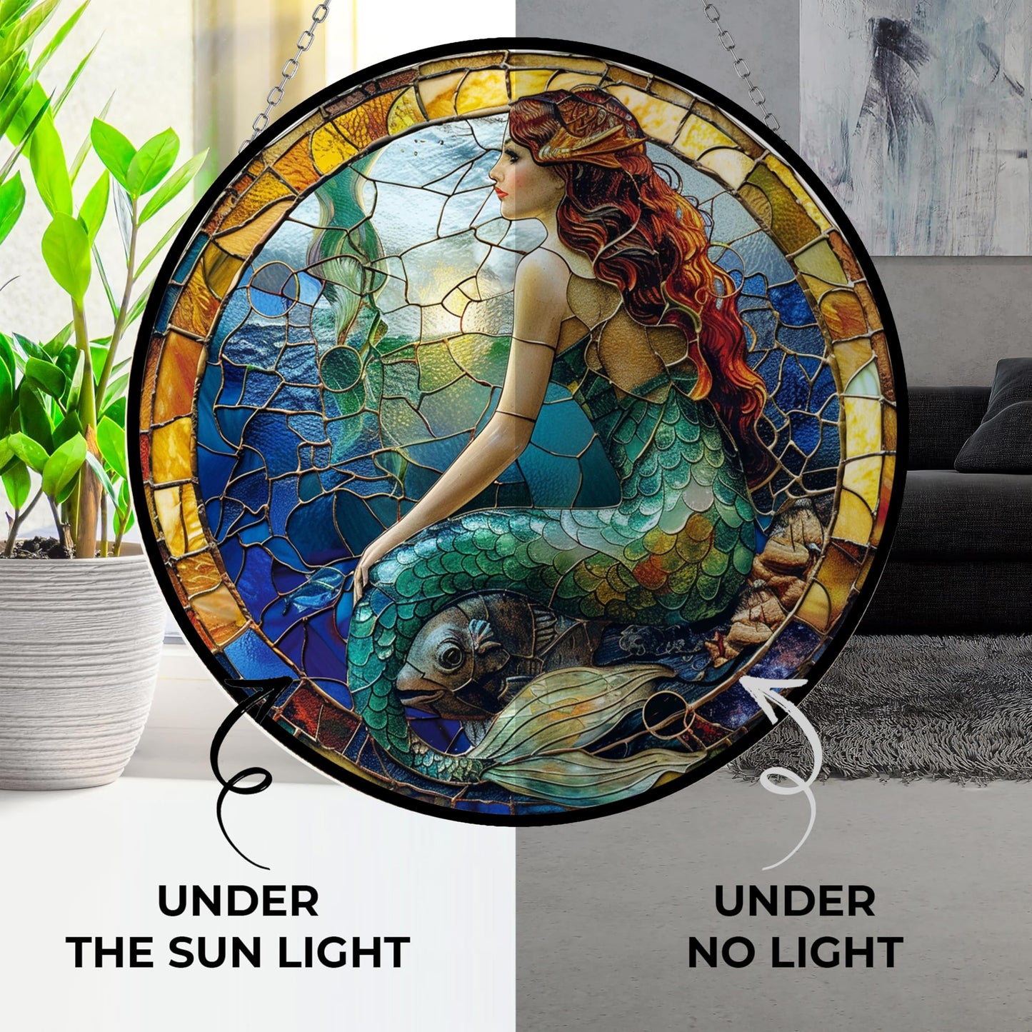 365CUSGIFTS Mermaid Stained Glass Window Hanging Sun Catcher Halloween Haning Ornament Decoration Christmas Birthday Gifts for Lover and Friends