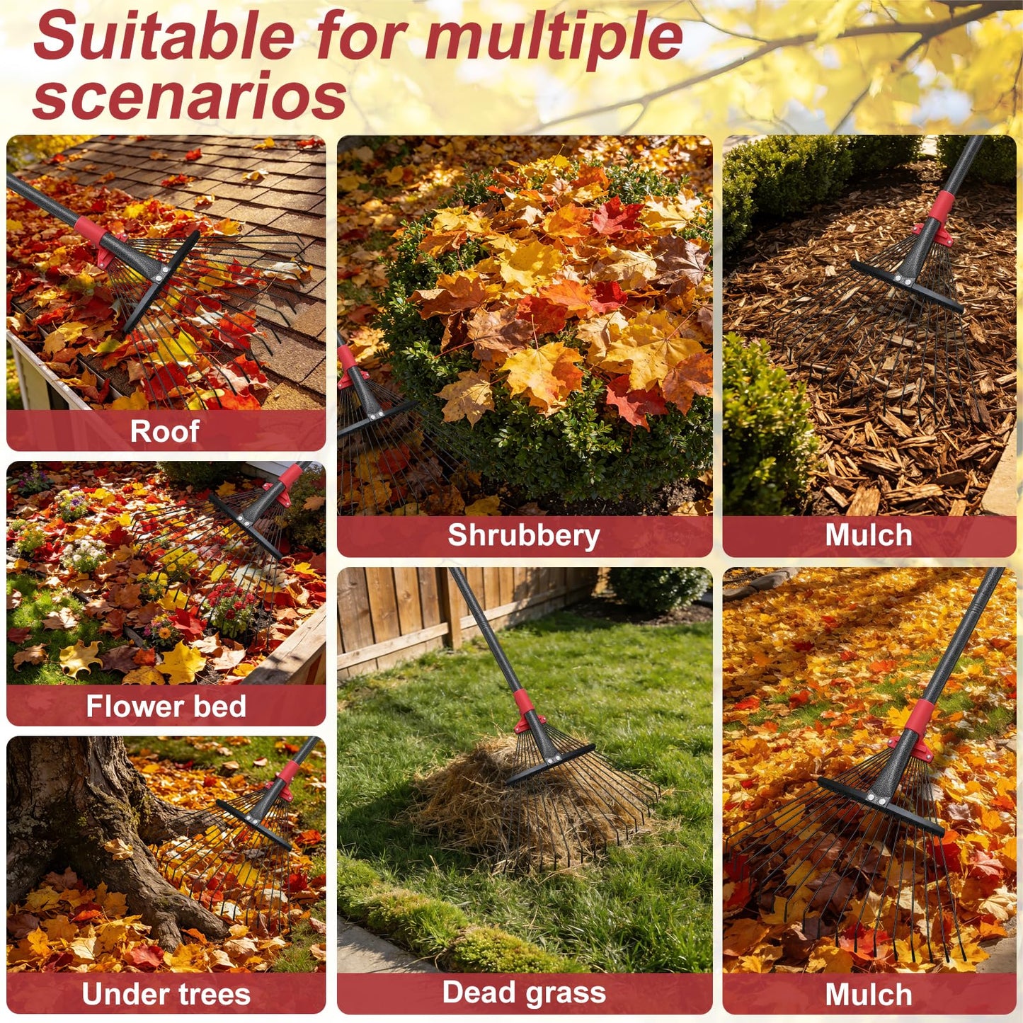 76Inch Adjustable Metal Leaf Rake, 18 Metal Tines Heavy Duty Leaves Rake for Lawns with 8-18" Expandable Head Long Handle Garden Rakes for Women Kids Leaves Yard Gardening Grass Outdoor Camping Debris