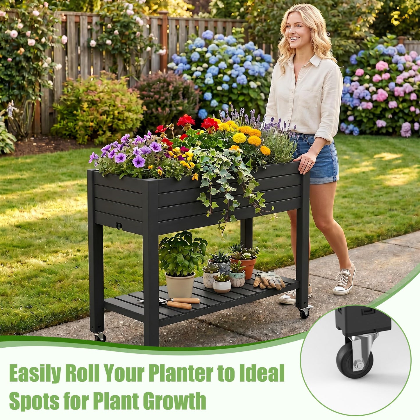 EFU Raised Garden Beds Outdoor, with Wheels for Mobility, Extra Storage Shelf, Water Level Monitoring, 21 Gallon Planter Raised Beds for Vegetables, Herbs, Fruits, Backyard, Patio, Balcony (Black)