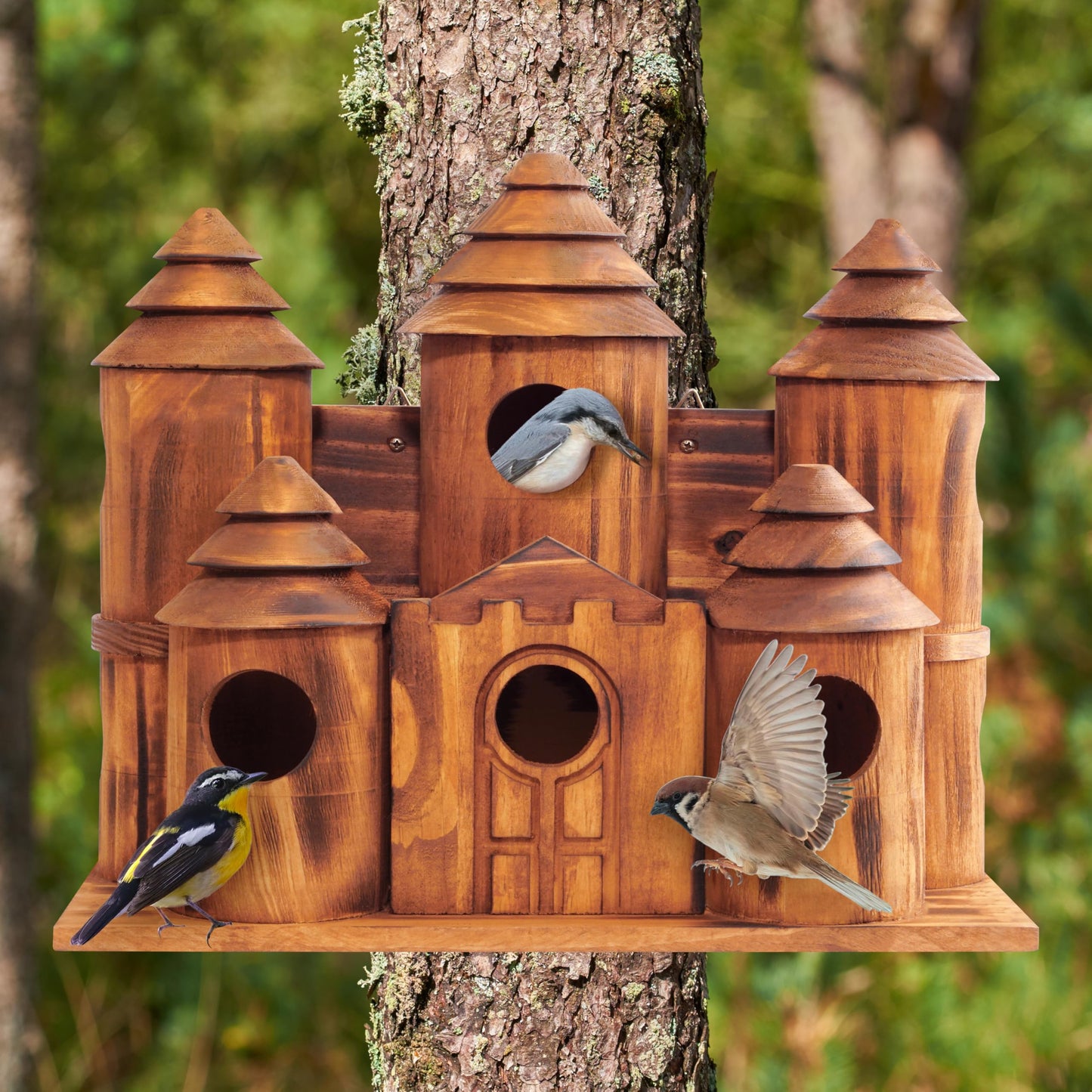 MIXUMON Wooden Bird Houses for Outside – 8 Rooms Castle-Style Bird House, Carbonized Pine Rustic Finish, 1.57" Entrance Holes, Decorative Outdoor Bird Nesting Box (Rustic, 8 Rooms)