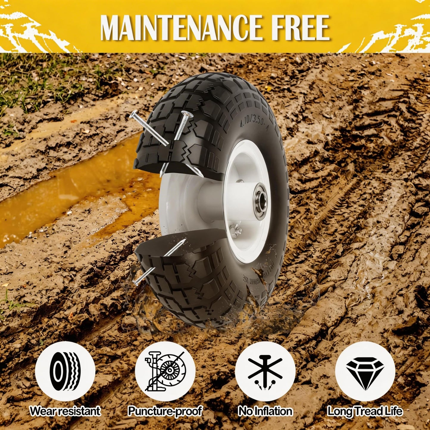 4.10/3.50-4 Tire and Wheel Flat Free, 10" Solid Tire 220LB Capacity Each, with 5/8" Bearings and 2.1" Offset Hub, for G orilla Cart, Garden Cart, Trailer, Dolly, Hand Truck, Wagon, 4 Pack, Silver