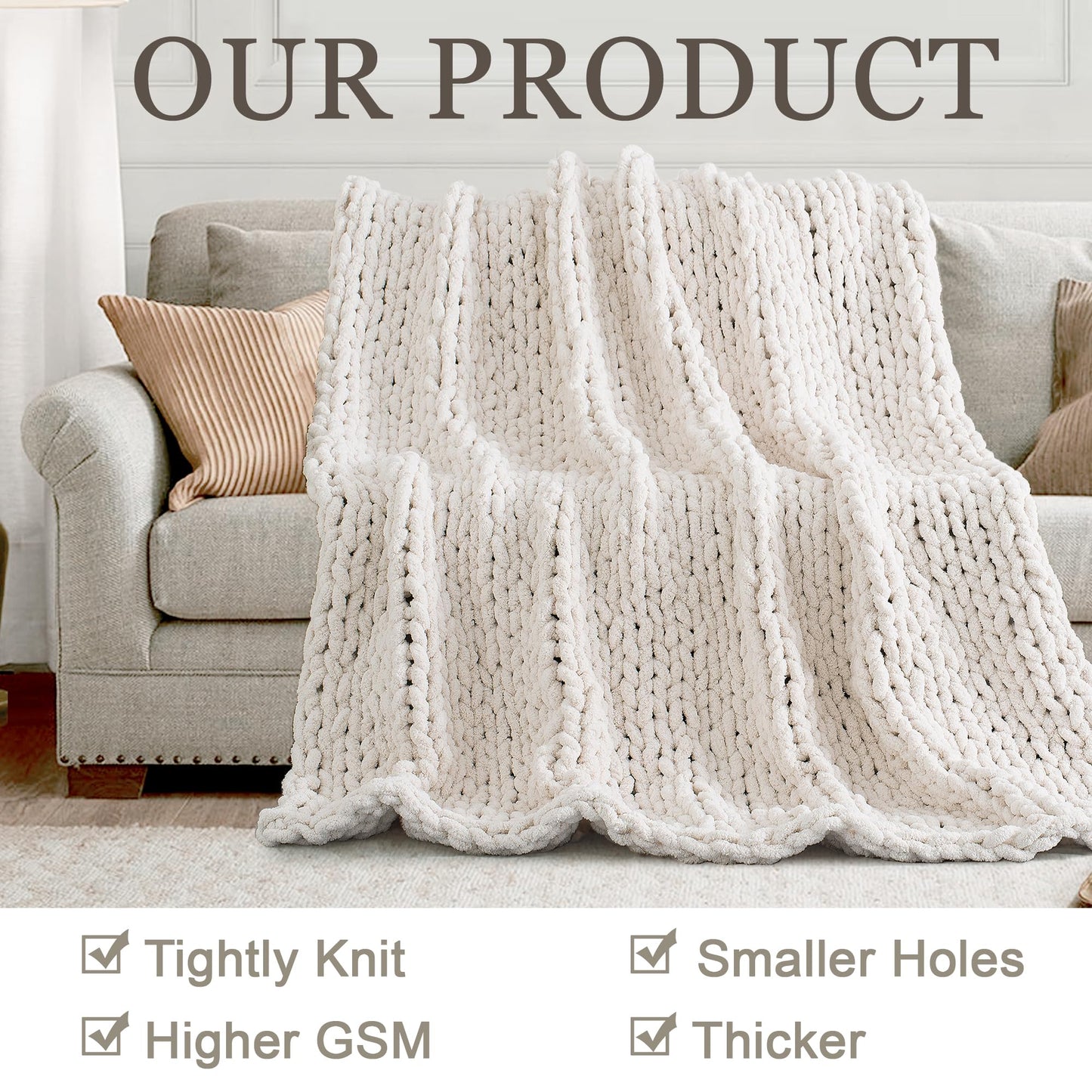LONG CREATE Chunky Knit Throw Blanket 50"X 60", 100% Handmade with Soft Chenille Yarn, 4.4lbs Thick Cable Knitted Blankets, Large Rope Knot Crochet Throws for Couch Sofa Bed Home Decor, Cream White