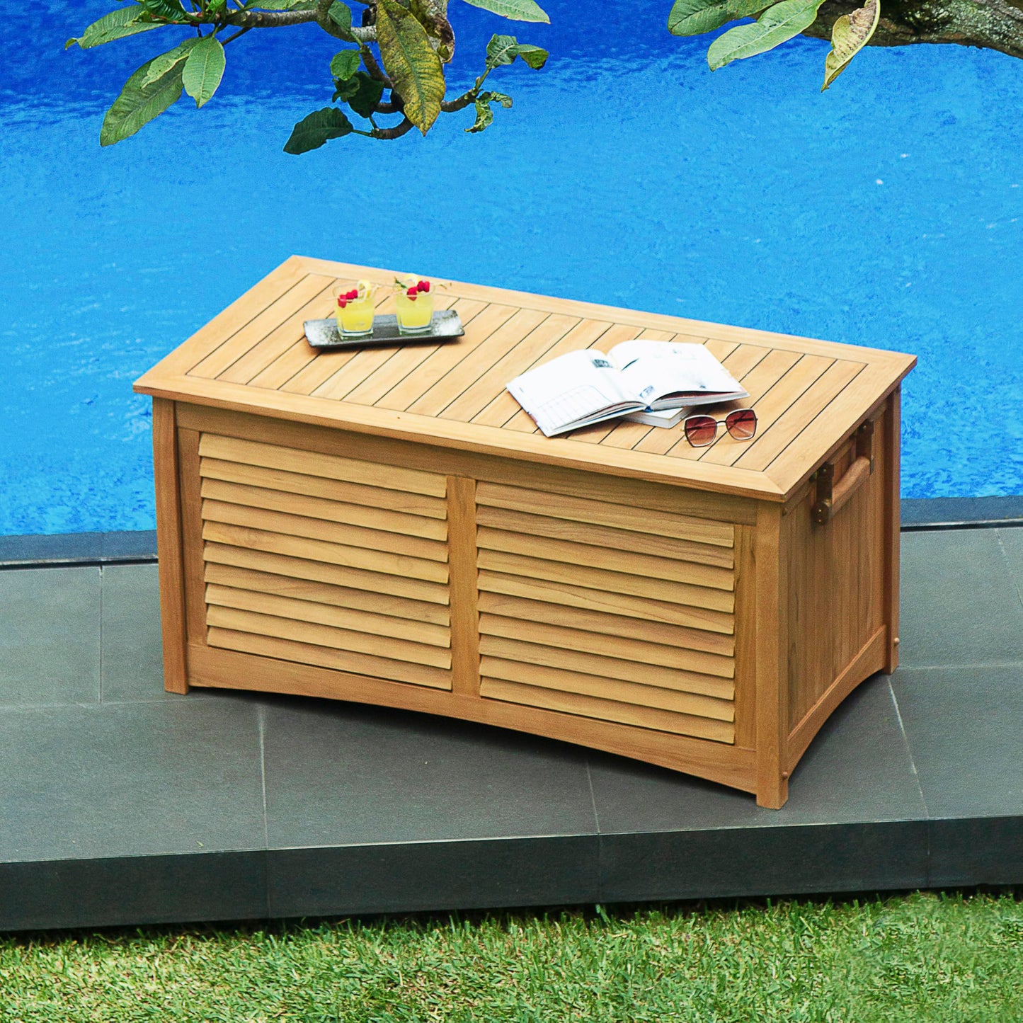 Cambridge Casual Arie Teak Outdoor Deck Storage Box with Waterproof Cover – 130 Gallon Wooden Patio Storage