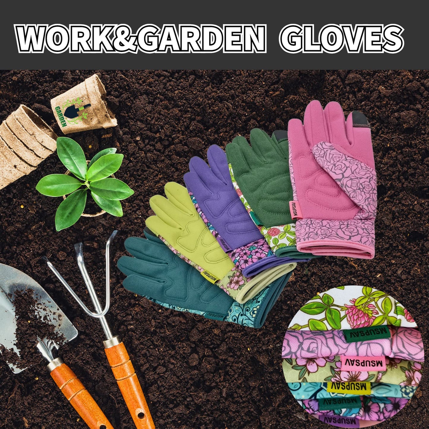 MSUPSAV Gardening Glove,Garden Gloves,Synthetic Leather Yard Work with Touch Screen,Best Gifts for Women,Green, Medium