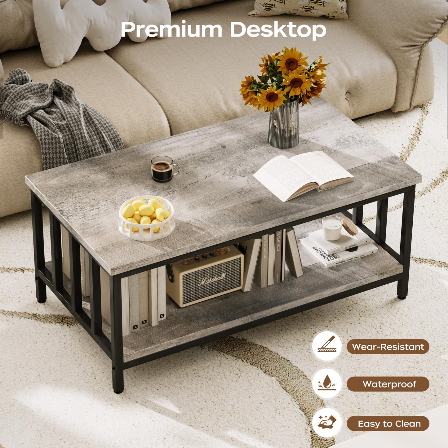 Homeiju Coffee Table for Living Room with Slatted Sides Frame, Modern Farmhouse Living Room Table with 2-Tier Storage Shelf for Home Office, Apartment, 39 inch Grey Wash