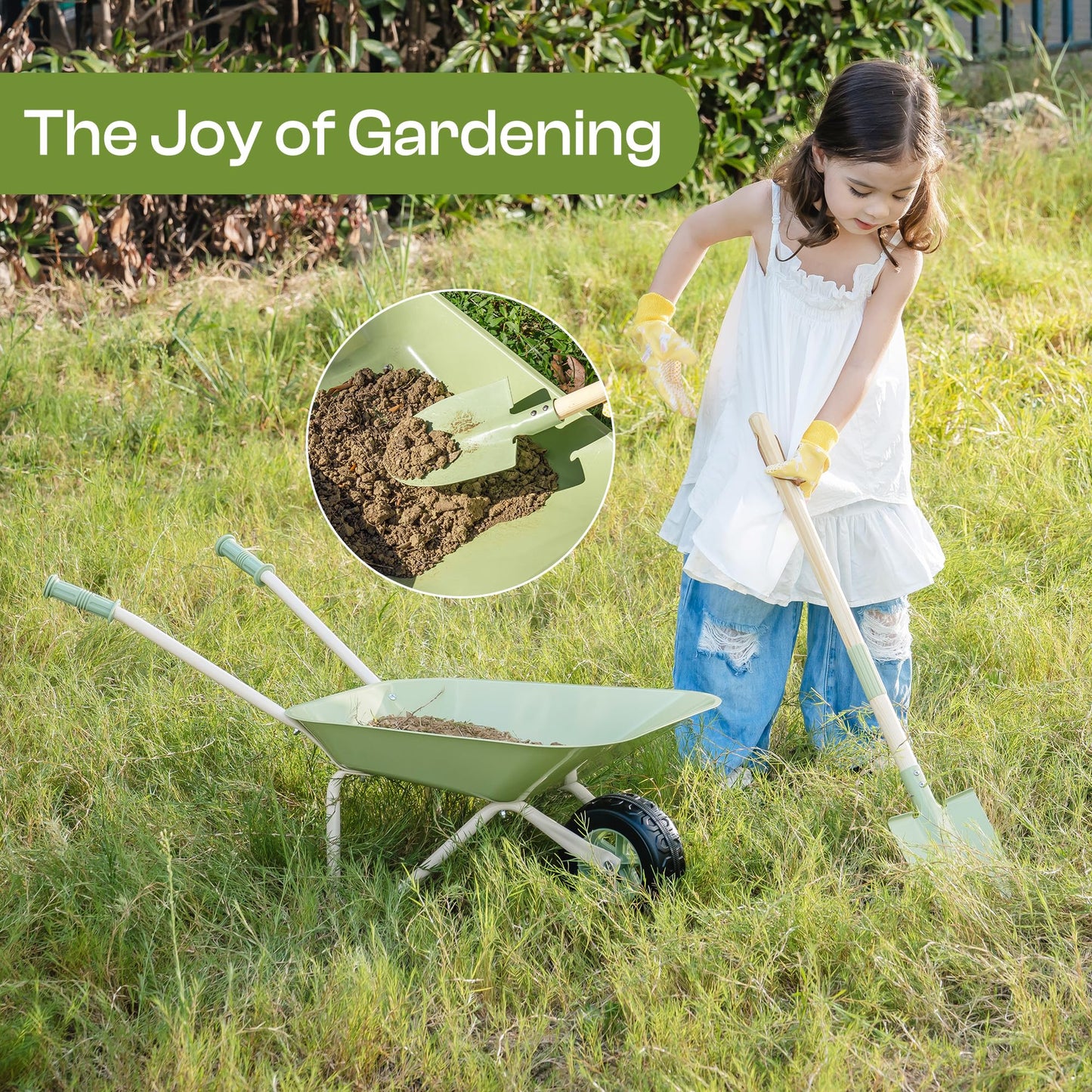 ROBOTIME Kids Wheelbarrow Set, 5PCS Kids Gardening Tool Set with Metal Toy Wheelbarrow, Shovel, Hoe, Broom & Gloves, Outdoor Yard Play for Planting, Sand, Leaves & Snow Fun, Gifts for Toddler 3+