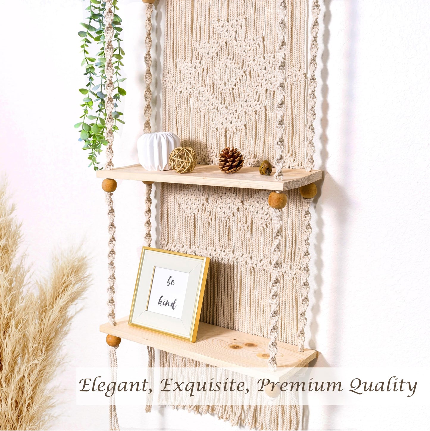 Induslyfe Macrame Wall Hanging Shelf 3 Tier Boho Wall Plant Hanger Shelves, Handmade of Woven Rope Boho Shelves Organizer for Living Room Bathroom Home Storage Floating Plant Rack Bohemian décor