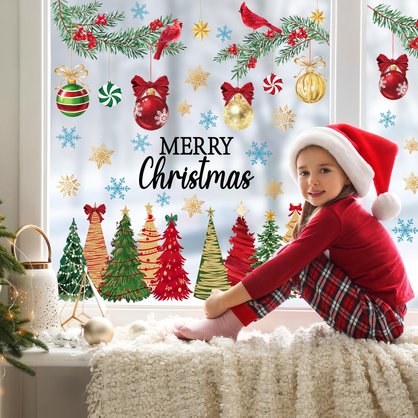 Feivando 8 Sheets Christmas Window Clings Stickers Winter Snowflake Merry Christmas Tree Xmas Window Decals for Holiday Party Home Office Shop Glass Display Decoration