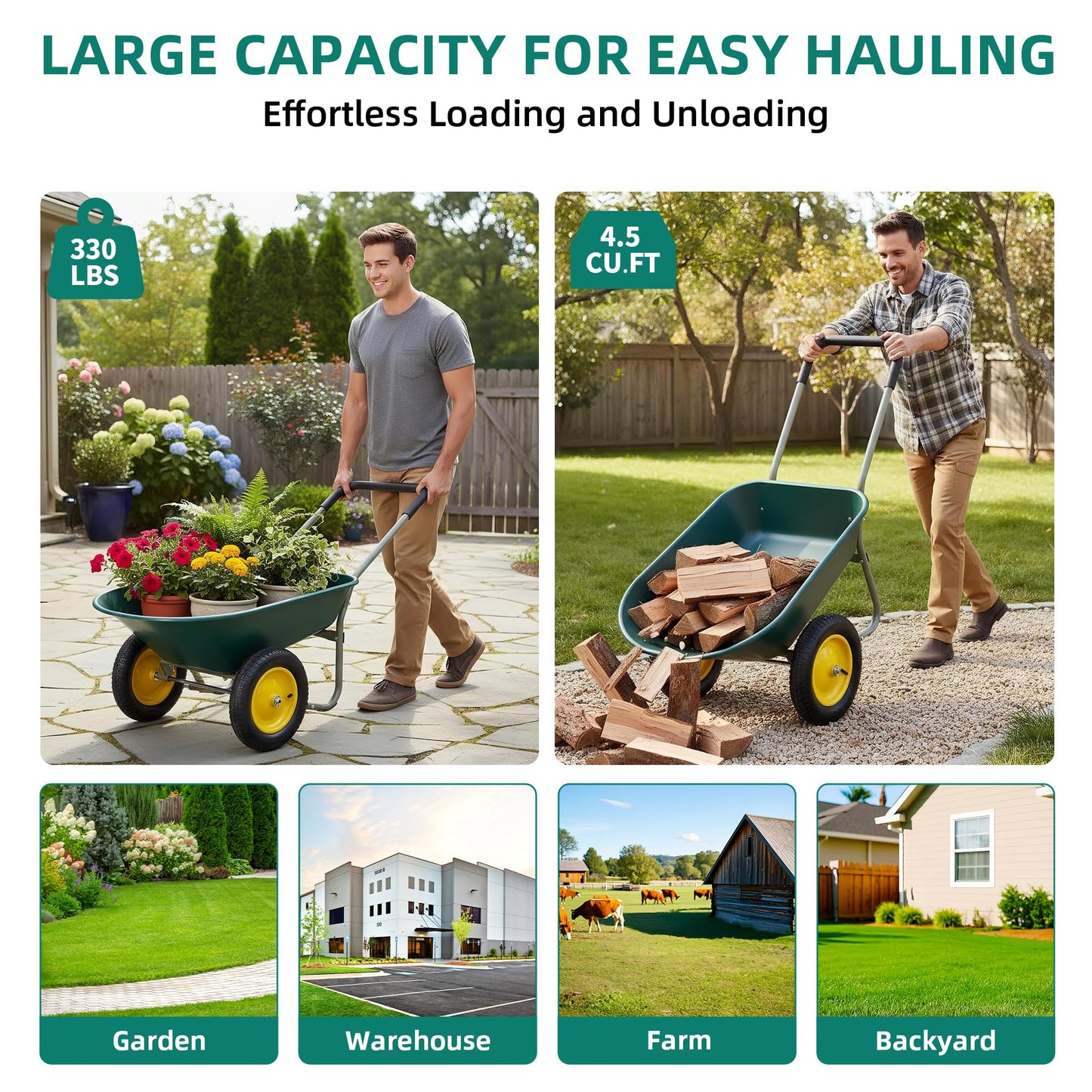 Ultym 2 Wheel Wheelbarrow, Dual-Wheel Garden Dump Cart with 13" Non-Slip Pneumatic Tires & Ergonomic Padded Handle, Heavy-Duty Home Utility Yard Cart Wagon with 4.5 Cu Ft Capacity for Lawn, Gardening