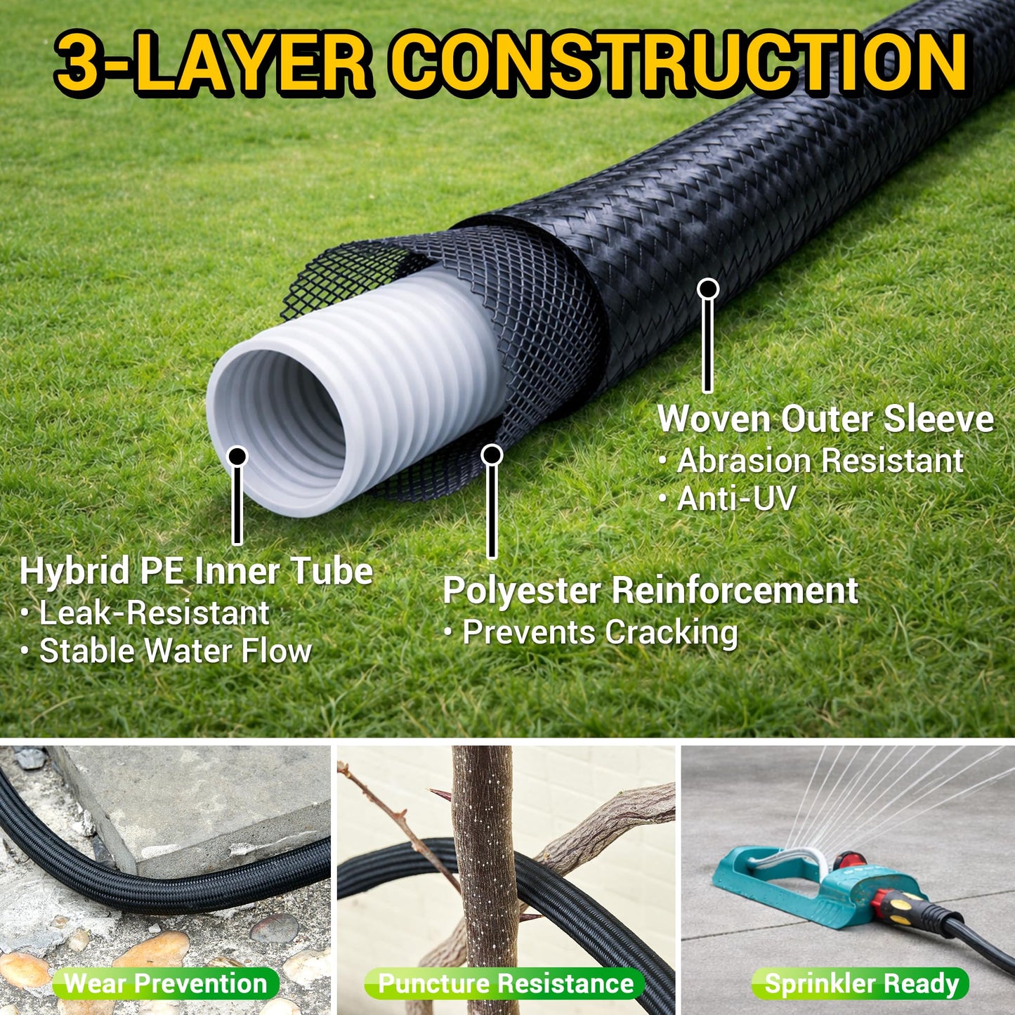 TheFitLife Garden Hose 50 ft - Heavy Duty 50ft Non-Expandable Outdoor Water Hose, Kink Free, Lightweight, Flexible Yet Durable, Ideal for Most Homes, Yards, 1/2 id x 50 feet
