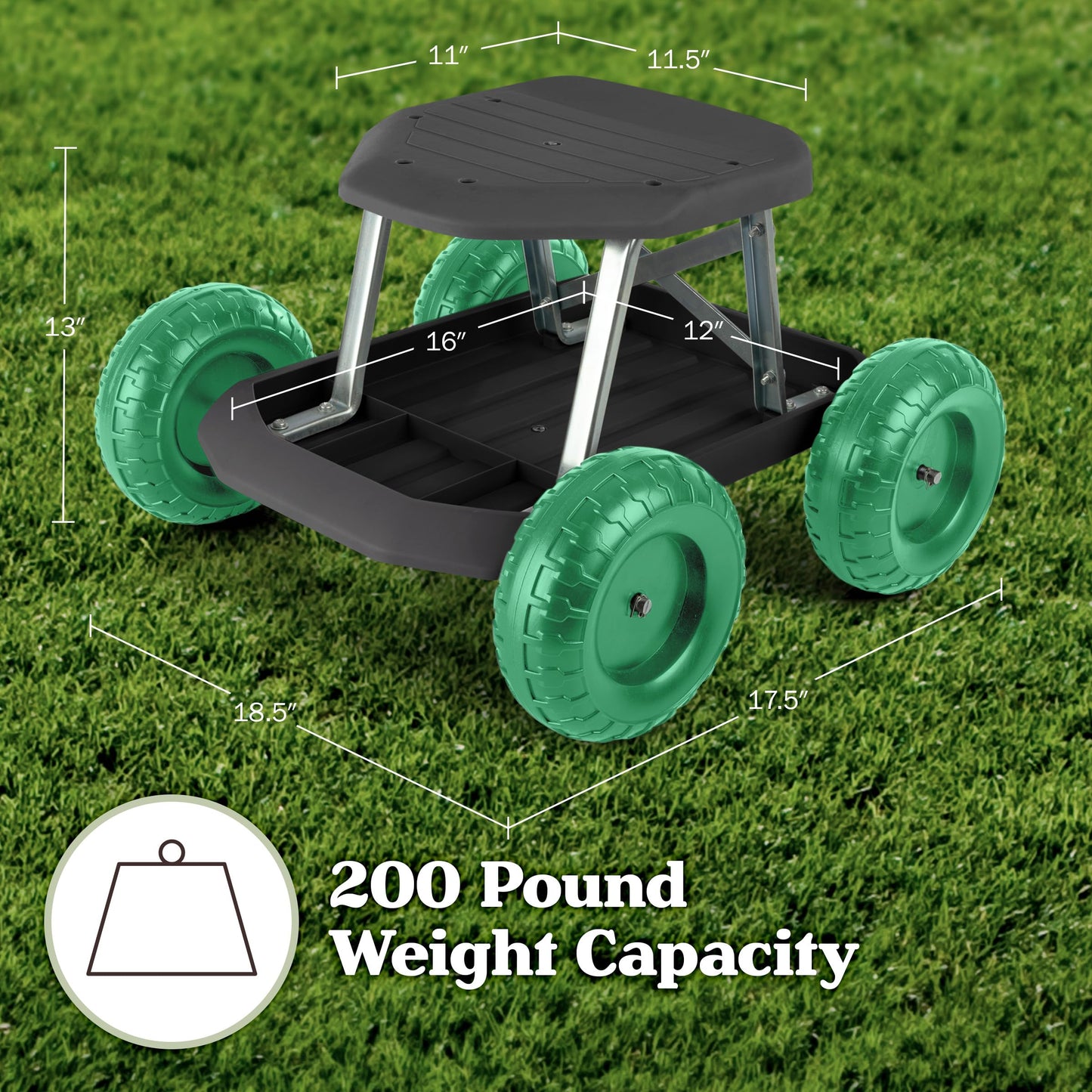 Gardening Stool - Rolling Garden Seat with Wheels and Storage Tool Tray - Garden Cart Scooter - Yard Tools by Pure Garden (Black and Green)
