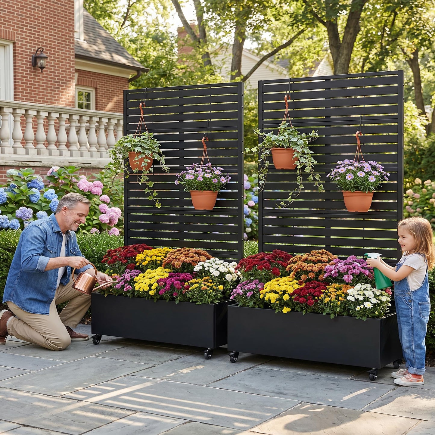 Wooakway 72" Raised Garden Bed with Trellis and Wheels, 52 Gal Metal Planter Box Privacy Screen for Outdoor Patio, Balcony and Backyard, Mobile Vertical Planter for Climbing Plants, Vines, Ivy, Black