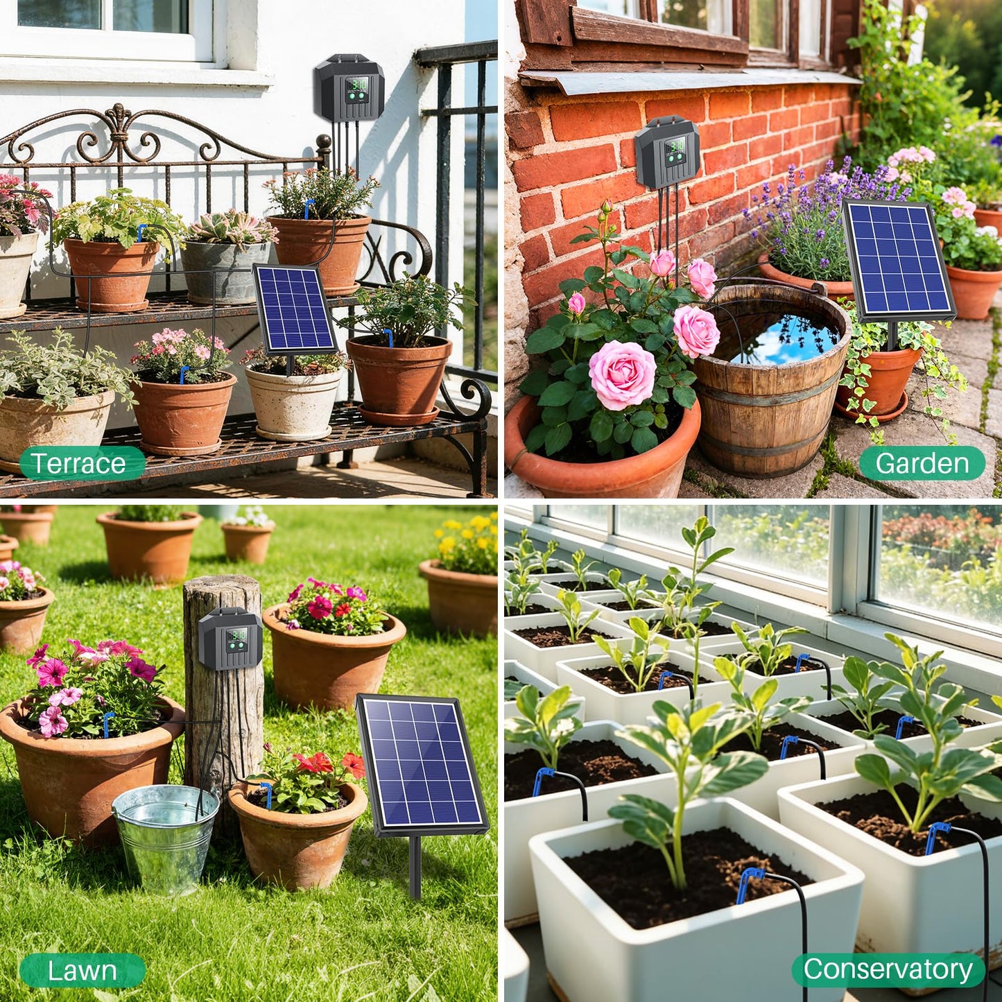 NFESOLAR 4W Solar Powered Automatic Drip Irrigation Kit with LCD Timer, Customizable Watering Duration 1–30min & Interval 3h–7d, Solar Irrigation System for 15 Potted Plants, Garden, Patio, Vacation