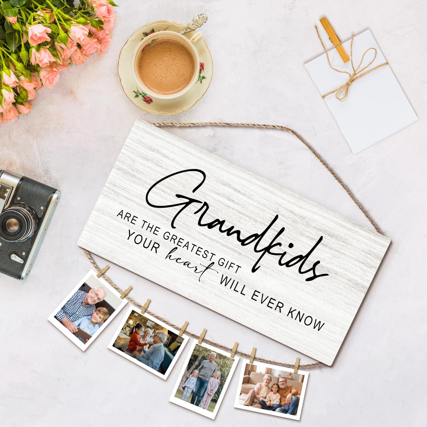 Foyoulame Grandkids Hanging Photo Display, Grandparents Grandchildren Wooden Picture Board for Photos, Christmas Birthday Gifts for Grandparents from Grandkids Decorative Photo Holder for Wall
